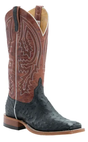 Anderson Bean Men's Black Full Quill Ostrich and Rust Lava Square Toe Exotic Cowboy Boots