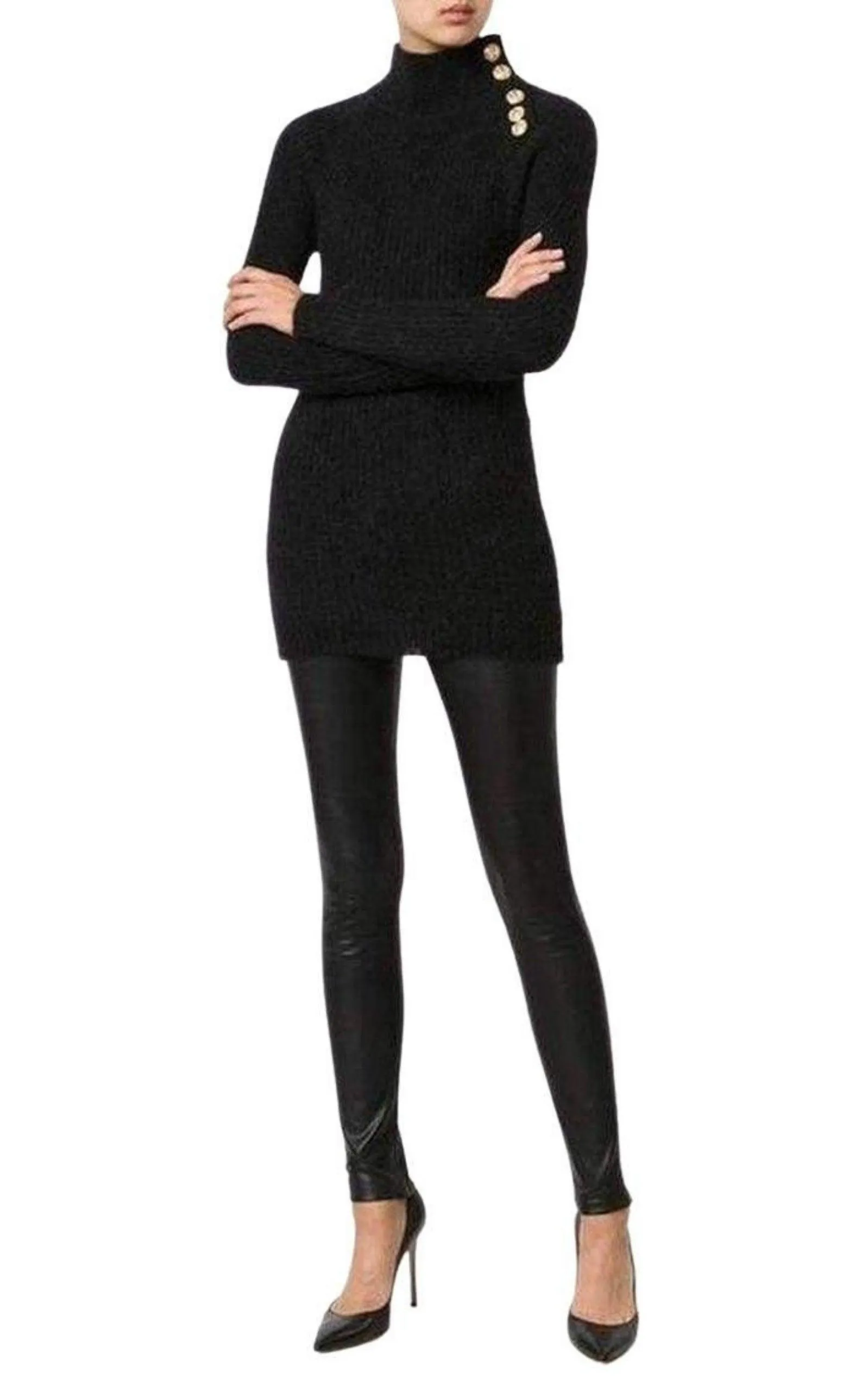 Black Mohair Wool Ribbed Turtleneck Sweater