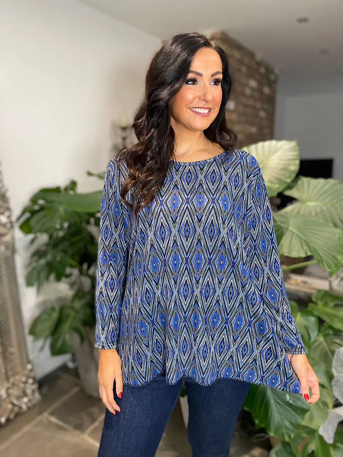 Blue Printed Round Neck Top Darcie