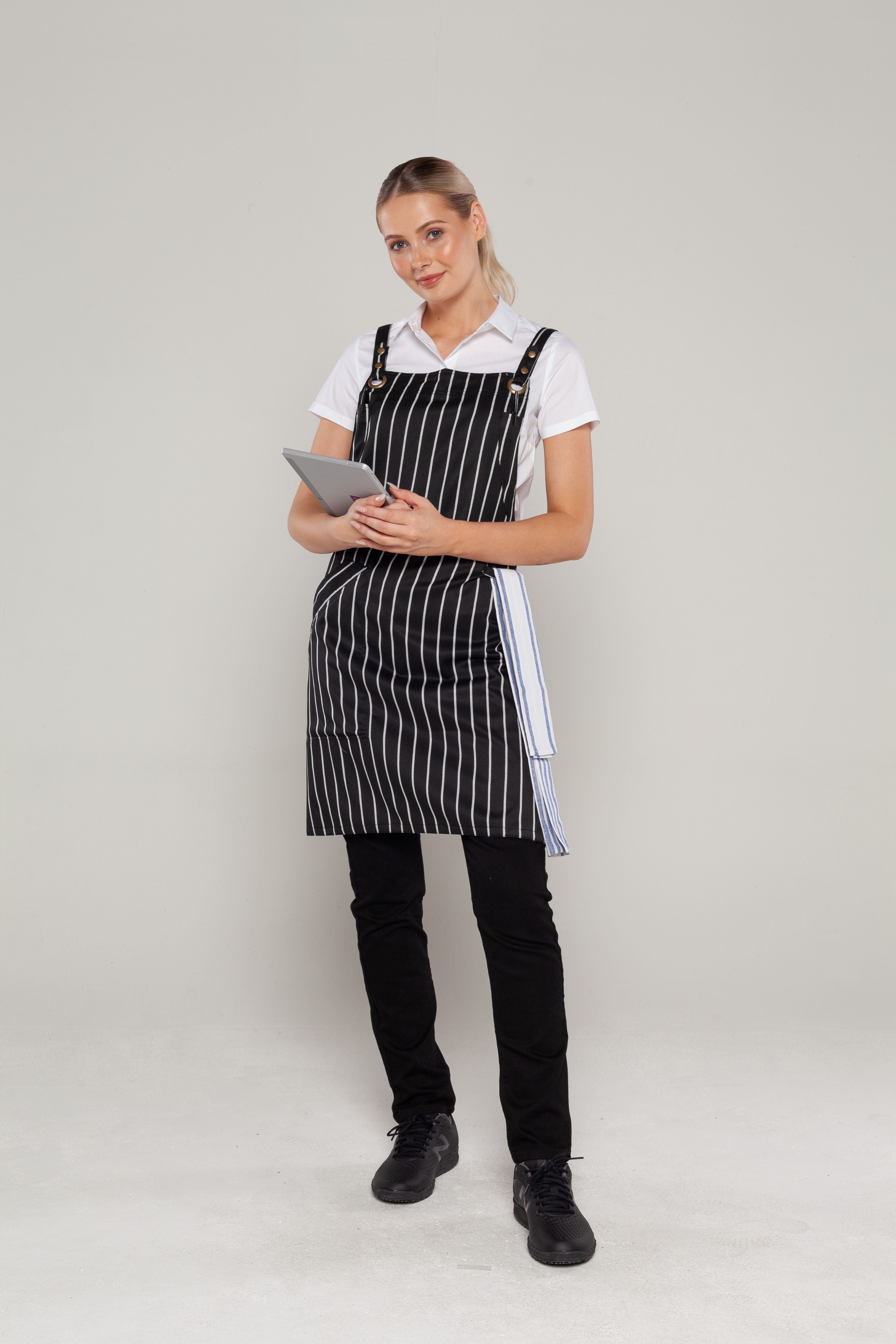 Bondi Crossover Apron  Interchangeable straps Black White Stripes