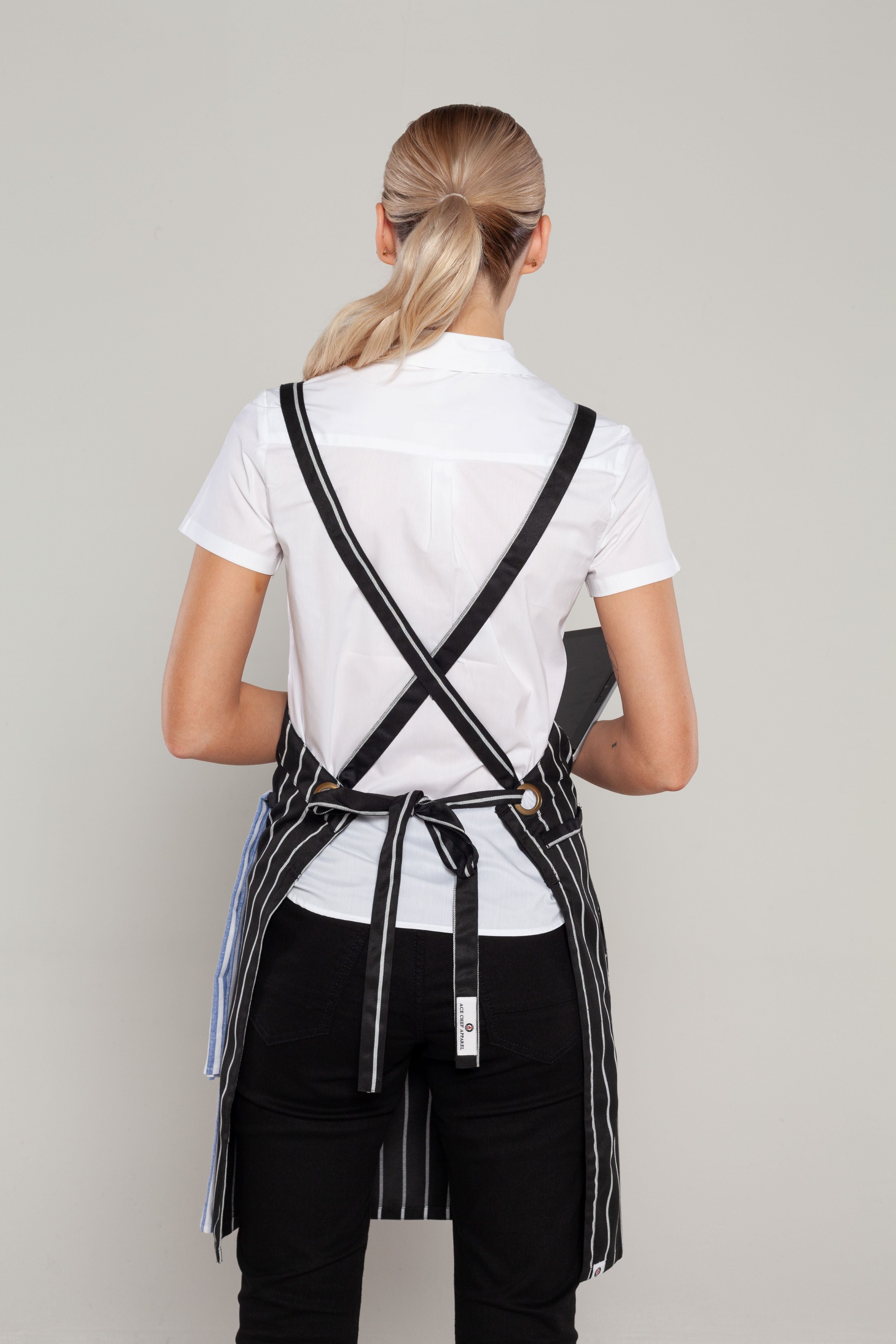 Bondi Crossover Apron  Interchangeable straps Black White Stripes