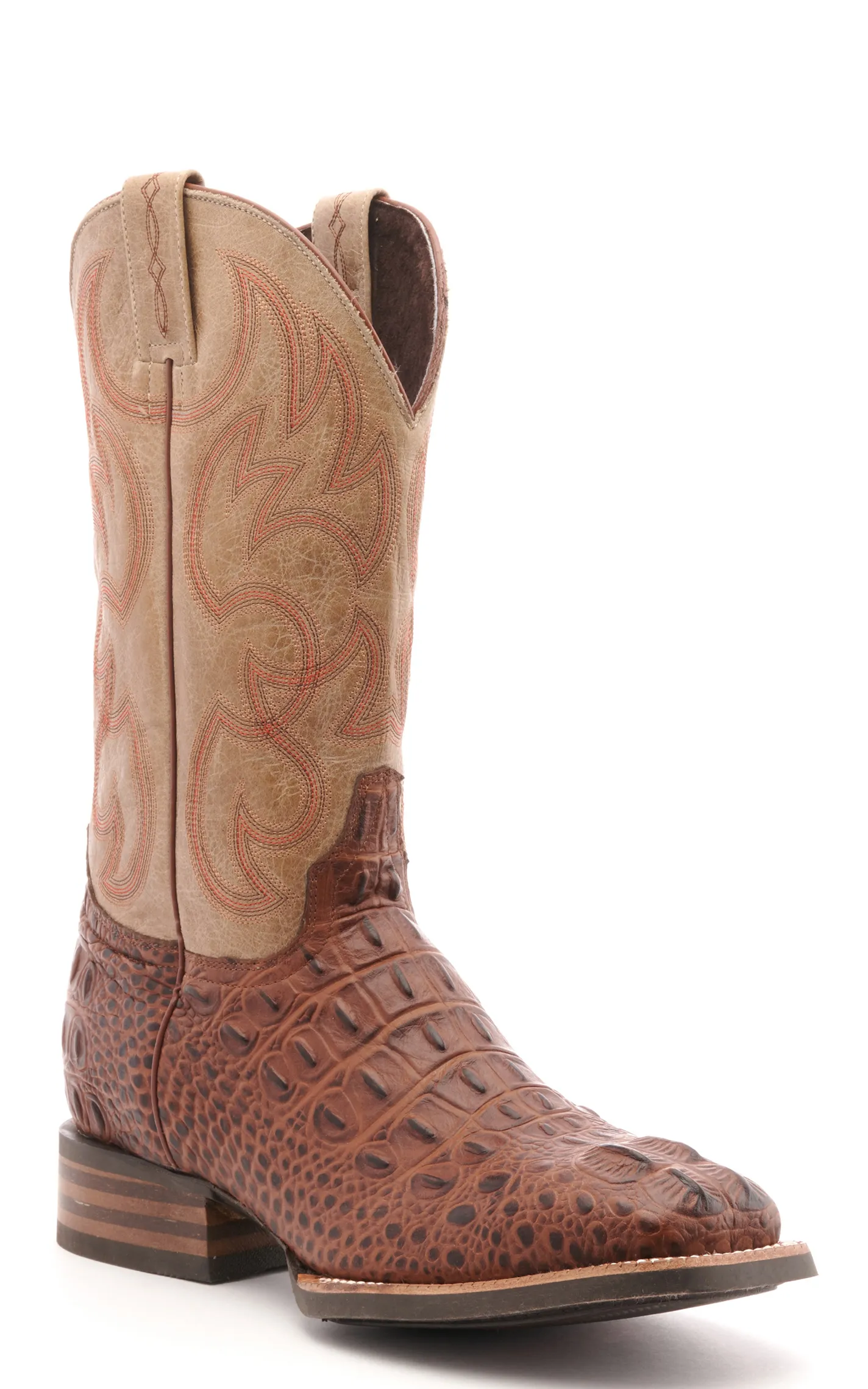 Cavender's Men's Intrepid Antique Cognac Hornback Alligator Print and Bone Wide Square Toe Cowboy Boot