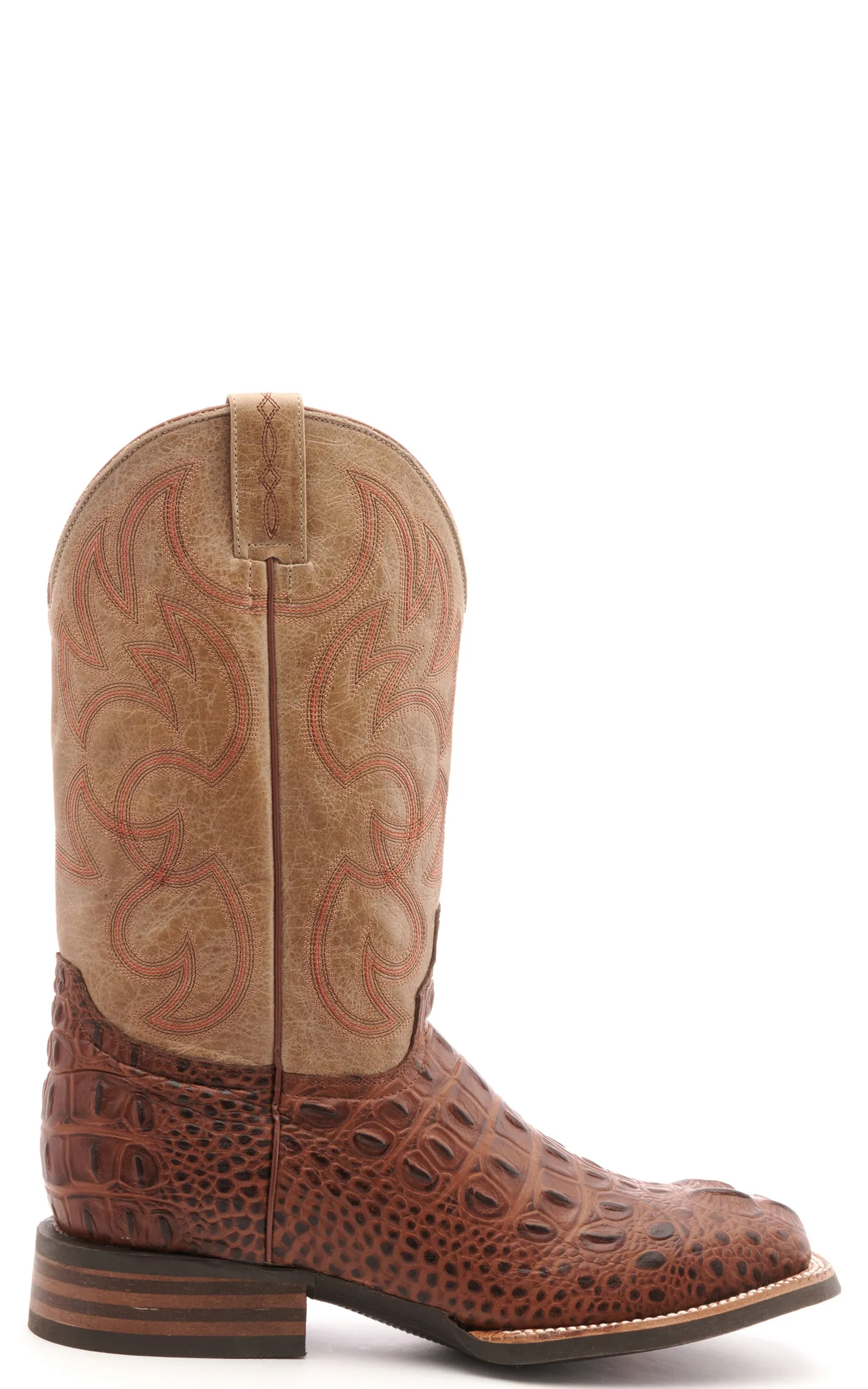 Cavender's Men's Intrepid Antique Cognac Hornback Alligator Print and Bone Wide Square Toe Cowboy Boot