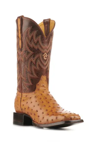 Cavender's Men's Saddle Brown and Straw Full Quill Ostrich Rafter C Wide Square Toe Exotic Cowboy Boots