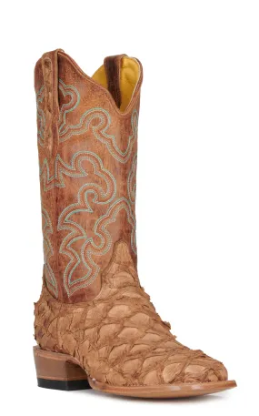 Cavender's Women's Saddle Tan Pirarucu and Nut Wide Square Toe Exotic Cowboy Boots