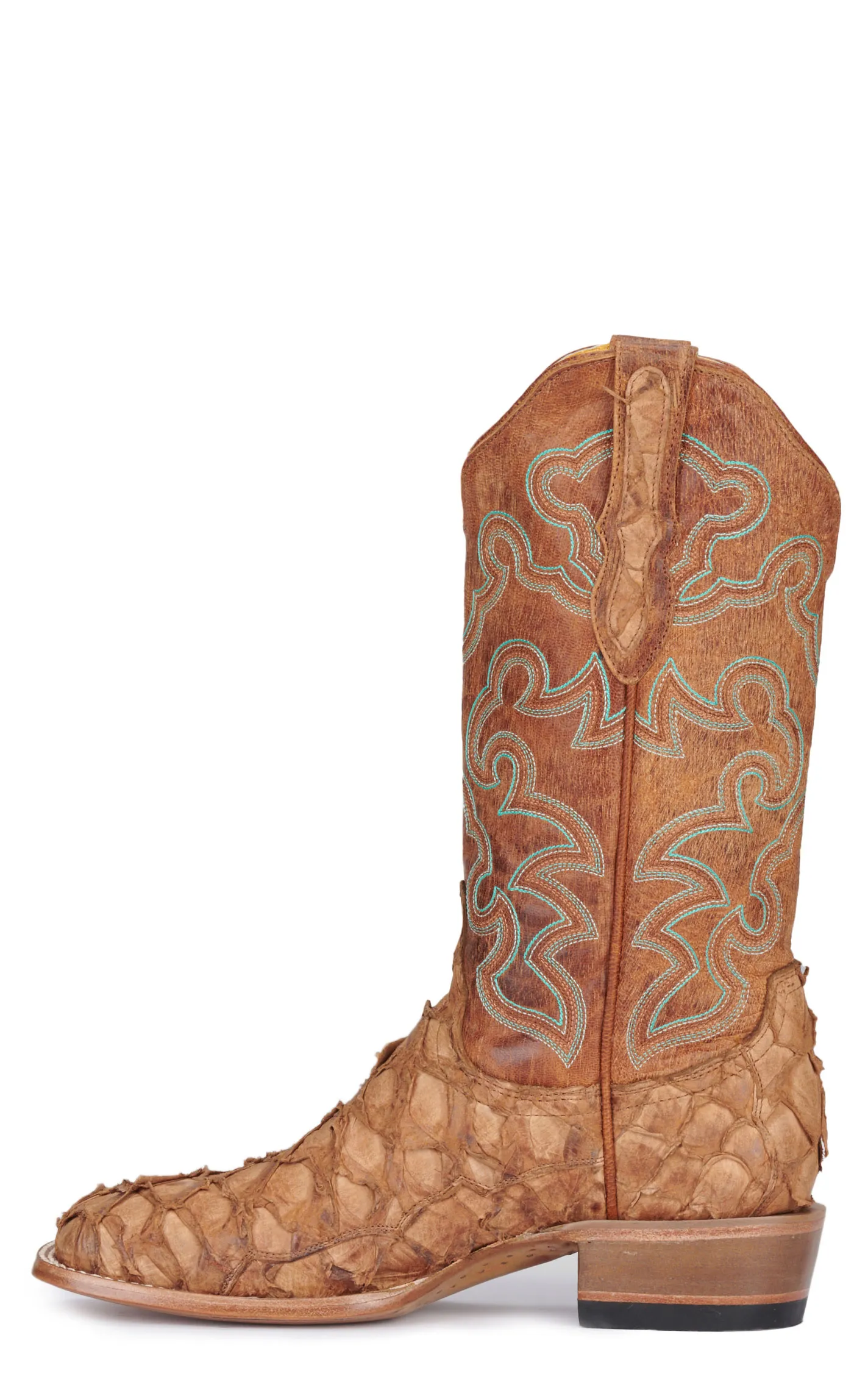 Cavender's Women's Saddle Tan Pirarucu and Nut Wide Square Toe Exotic Cowboy Boots