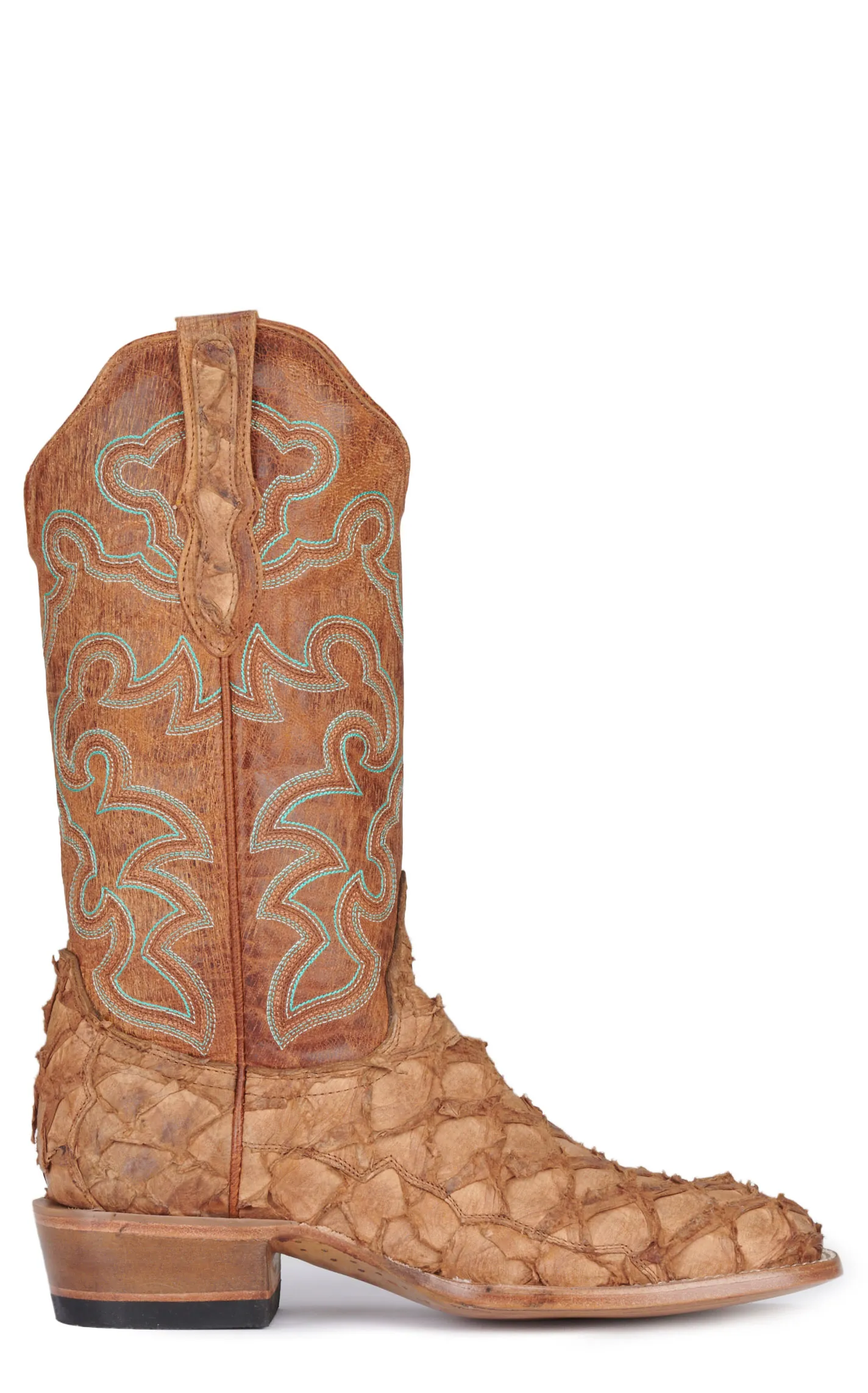 Cavender's Women's Saddle Tan Pirarucu and Nut Wide Square Toe Exotic Cowboy Boots