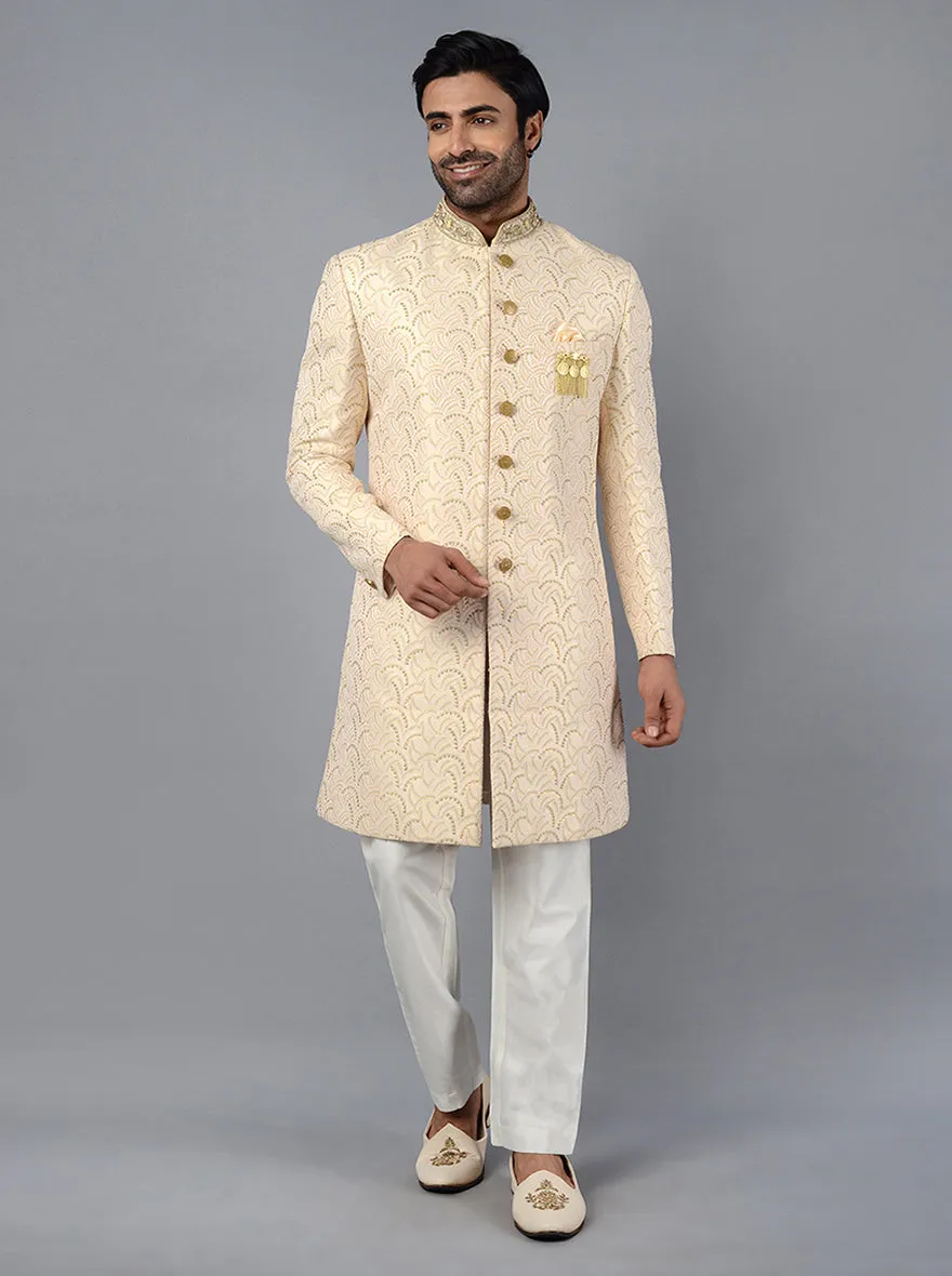 Cream Embroidered Regular Fit Indowestern | Azania