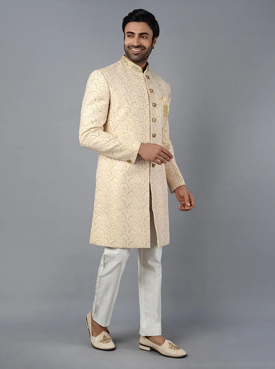 Cream Embroidered Regular Fit Indowestern | Azania