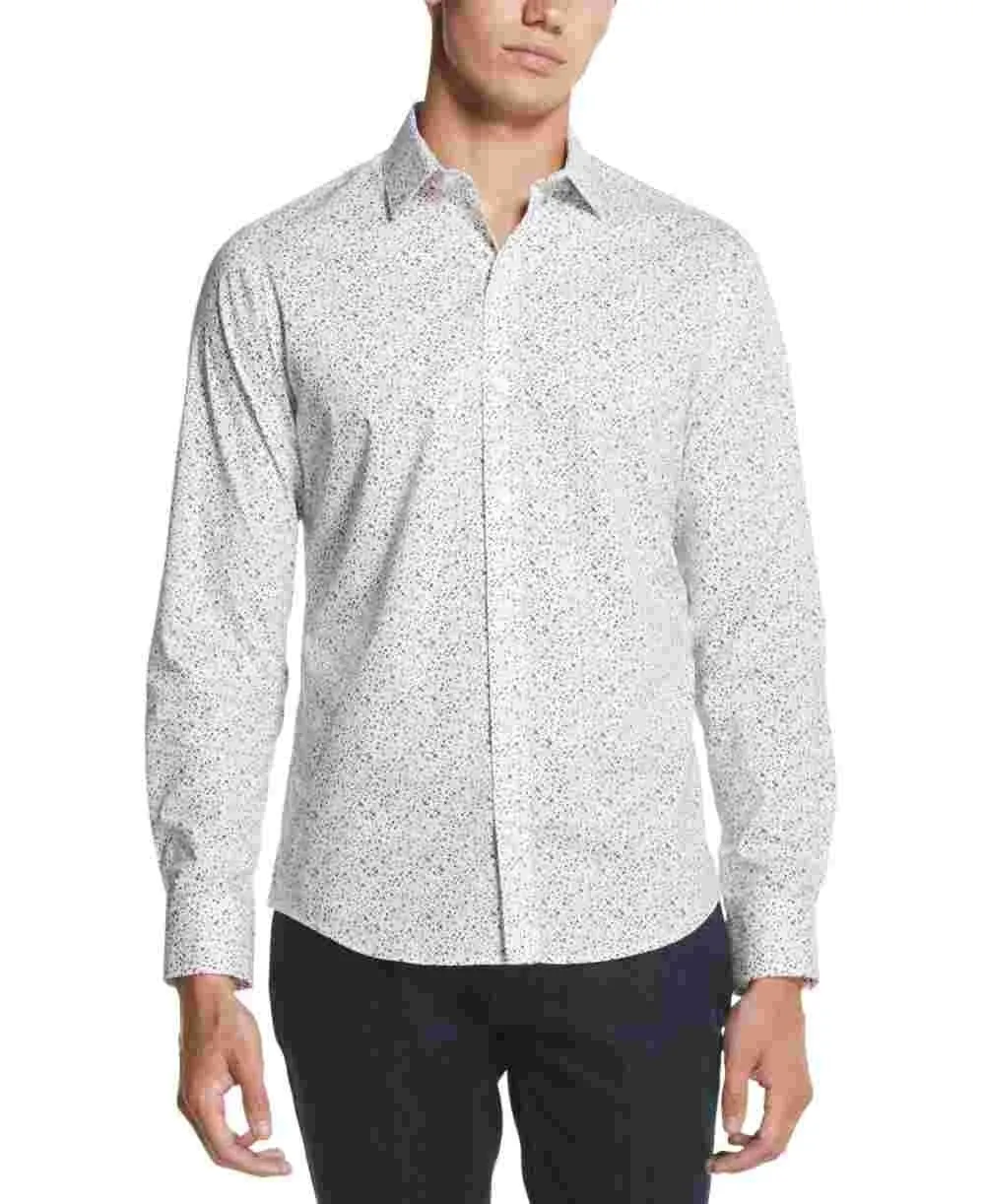 DKNY Men's Performance Stretch French Placket Square Print Shirt Gray Size Large