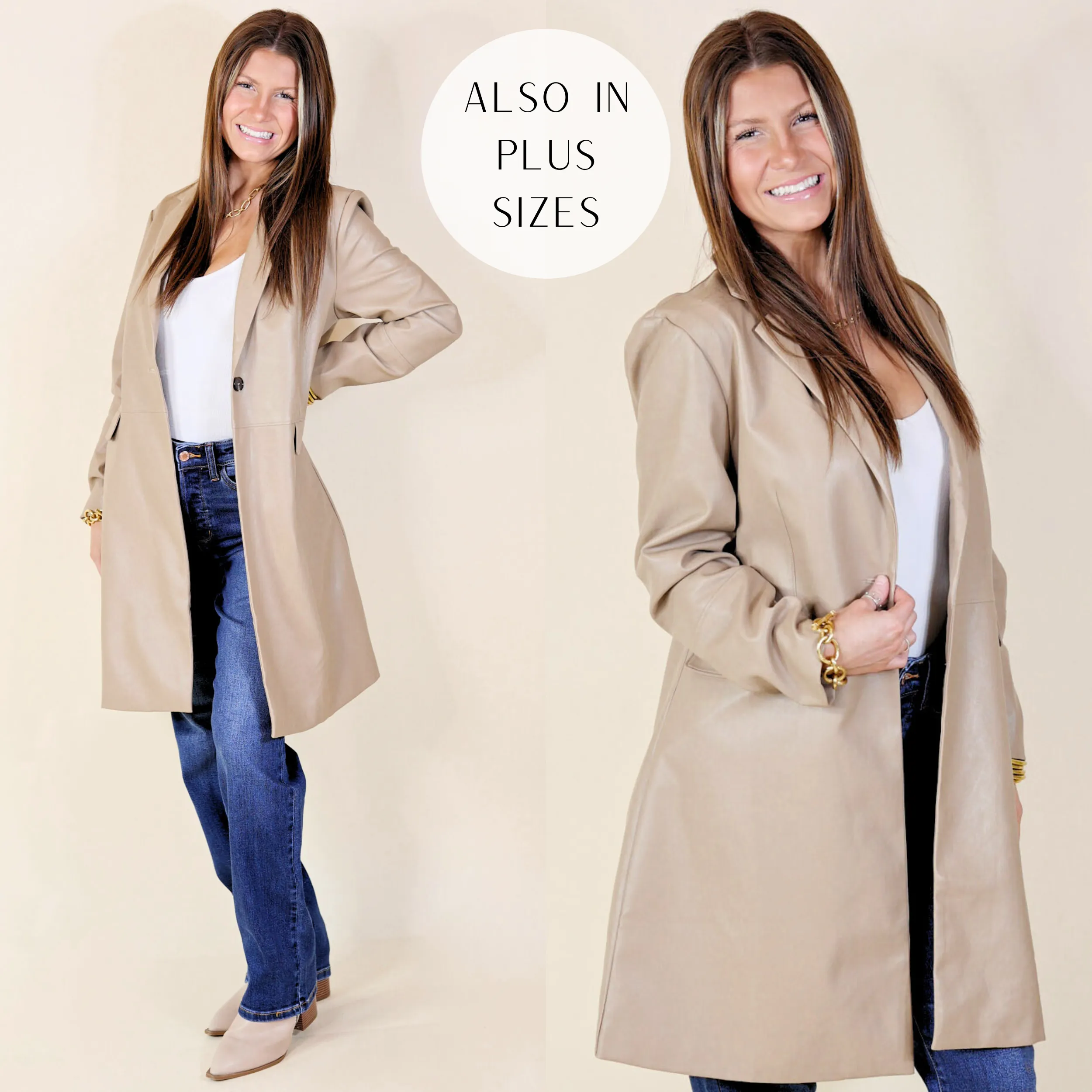 Espresso Run Long Faux Leather Coat with Button Front in Taupe