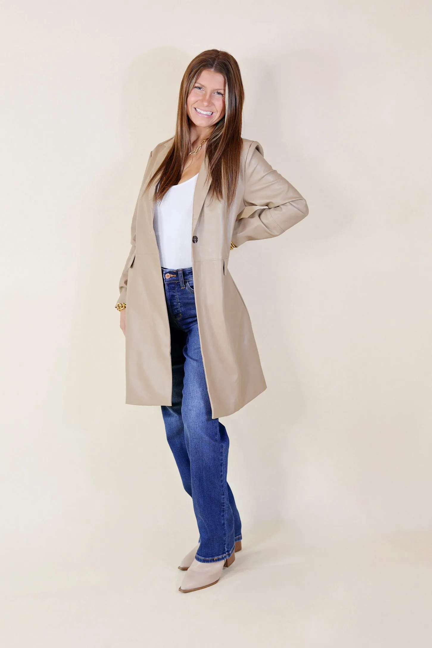 Espresso Run Long Faux Leather Coat with Button Front in Taupe