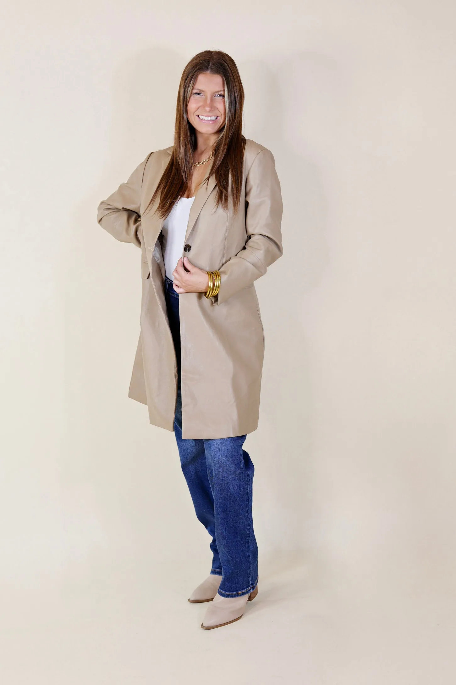 Espresso Run Long Faux Leather Coat with Button Front in Taupe