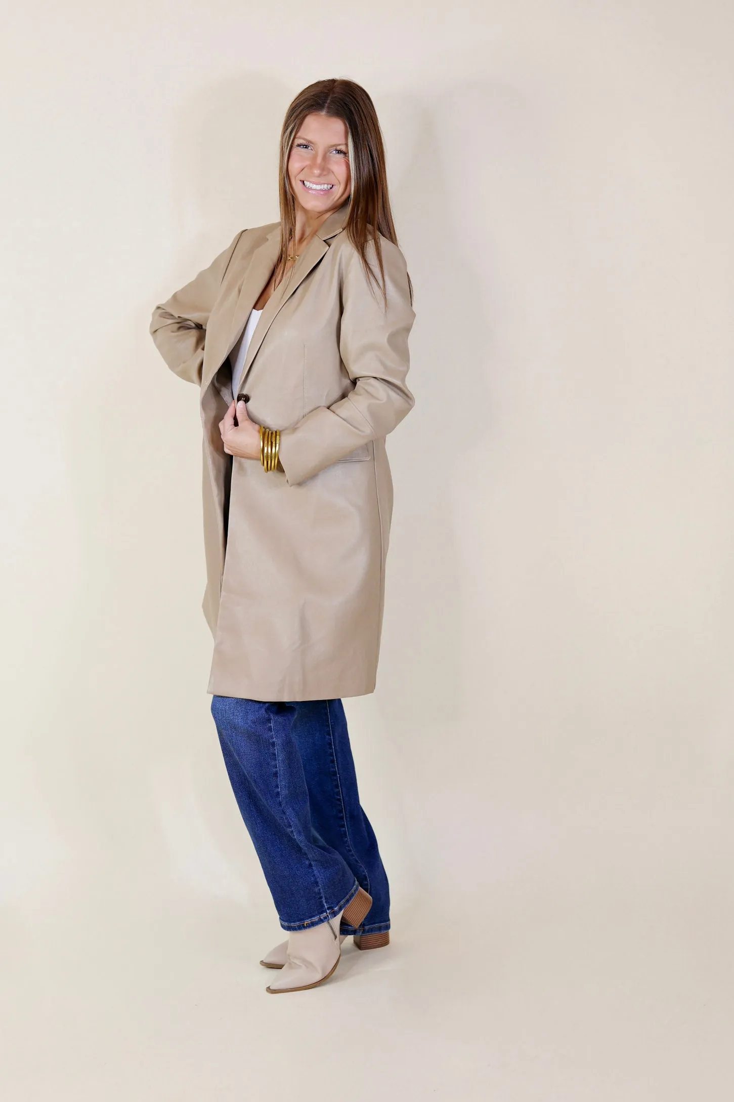 Espresso Run Long Faux Leather Coat with Button Front in Taupe