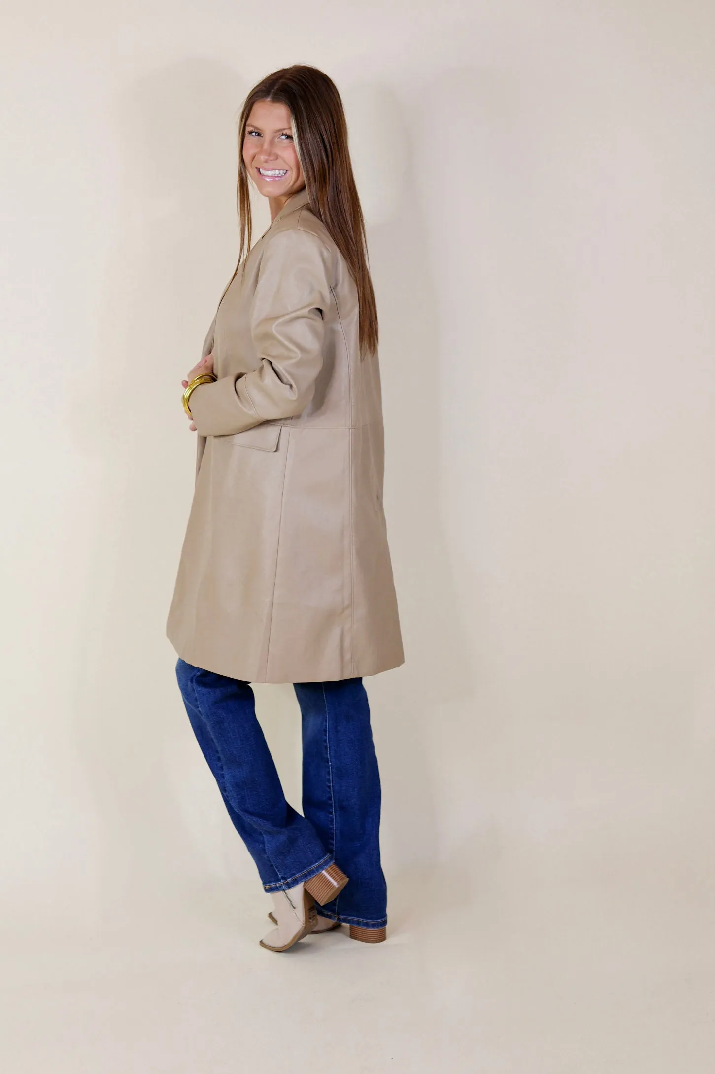 Espresso Run Long Faux Leather Coat with Button Front in Taupe