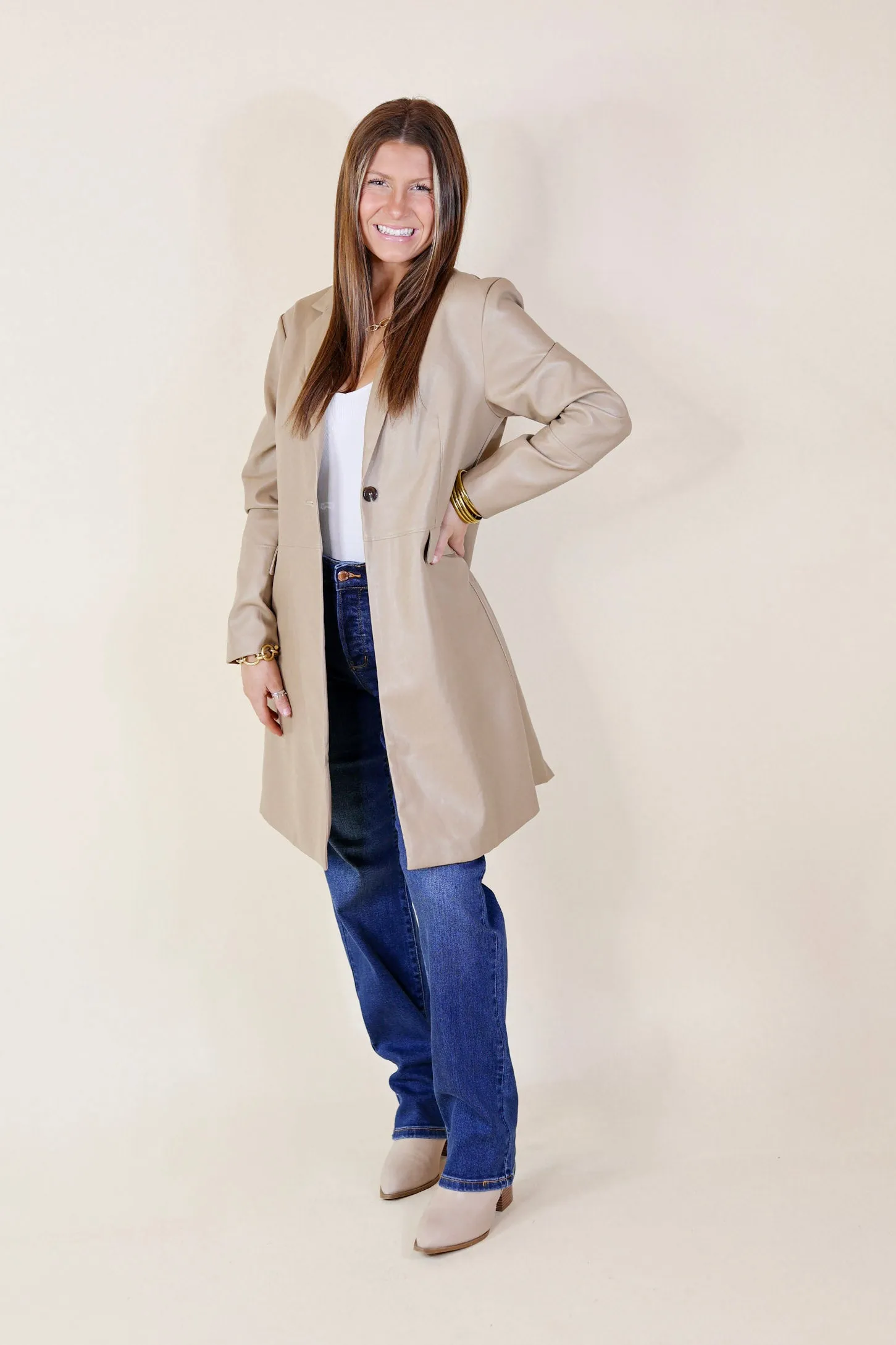 Espresso Run Long Faux Leather Coat with Button Front in Taupe