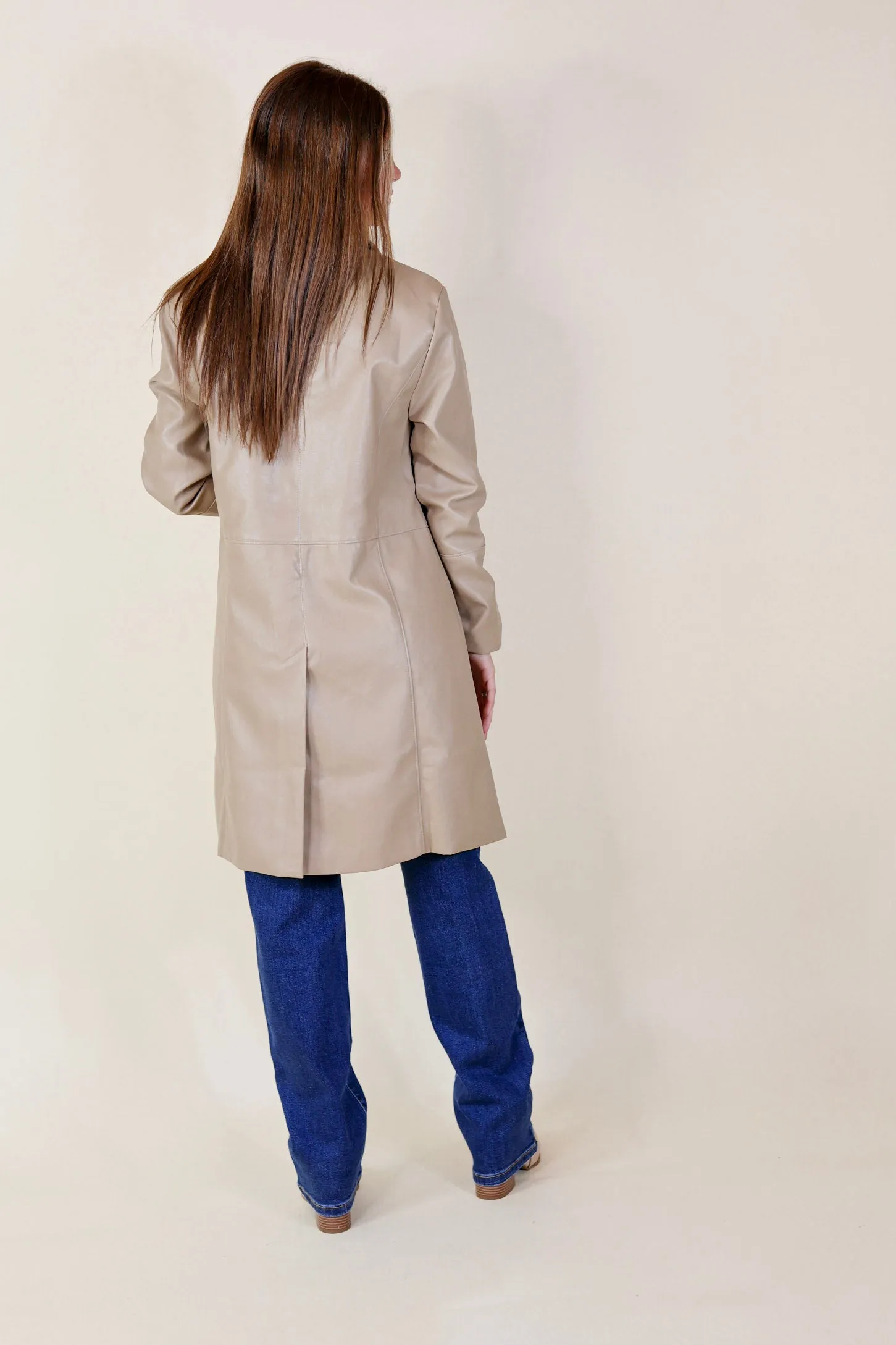 Espresso Run Long Faux Leather Coat with Button Front in Taupe