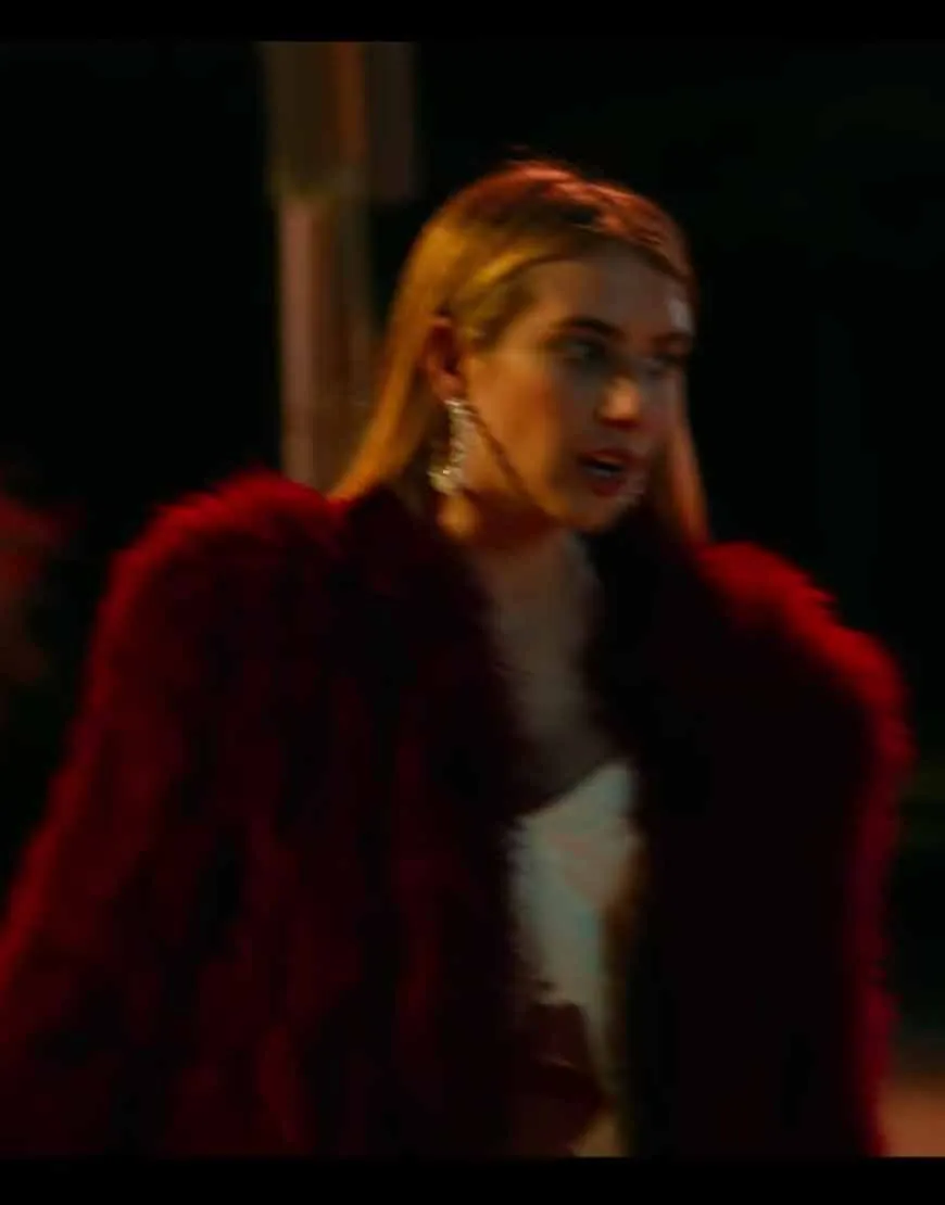 Holidate Emma Roberts Red Fur Coat | Sloane Red Fur Coat | Ujackets