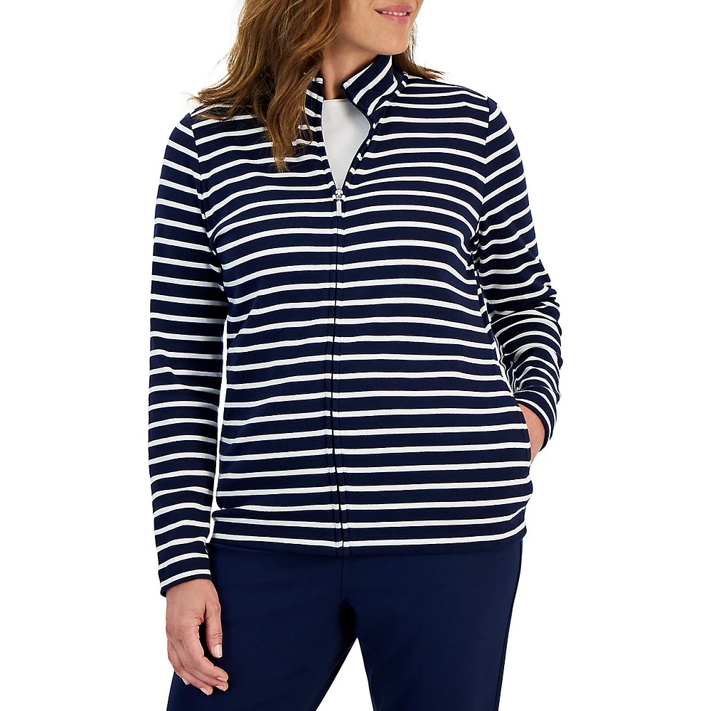 Karen Scott Striped Mock-Neck Zip Jacket