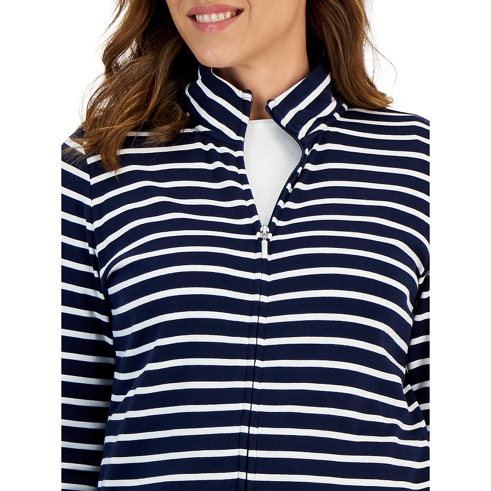 Karen Scott Striped Mock-Neck Zip Jacket