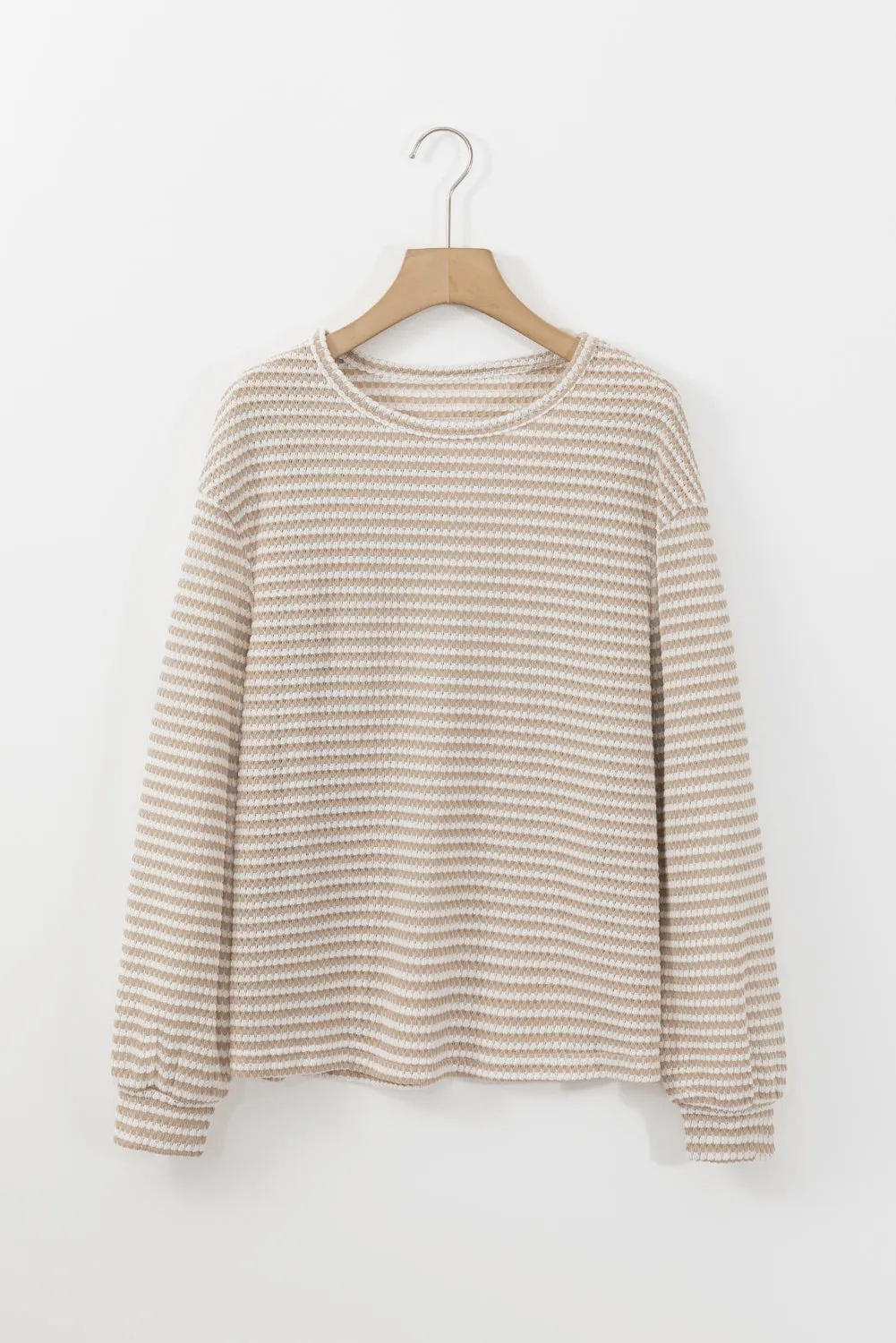 Khaki Stripe Round Neck Drop Shoulder Long Sleeve Top