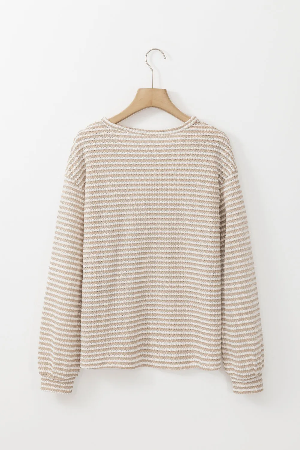 Khaki Stripe Round Neck Drop Shoulder Long Sleeve Top