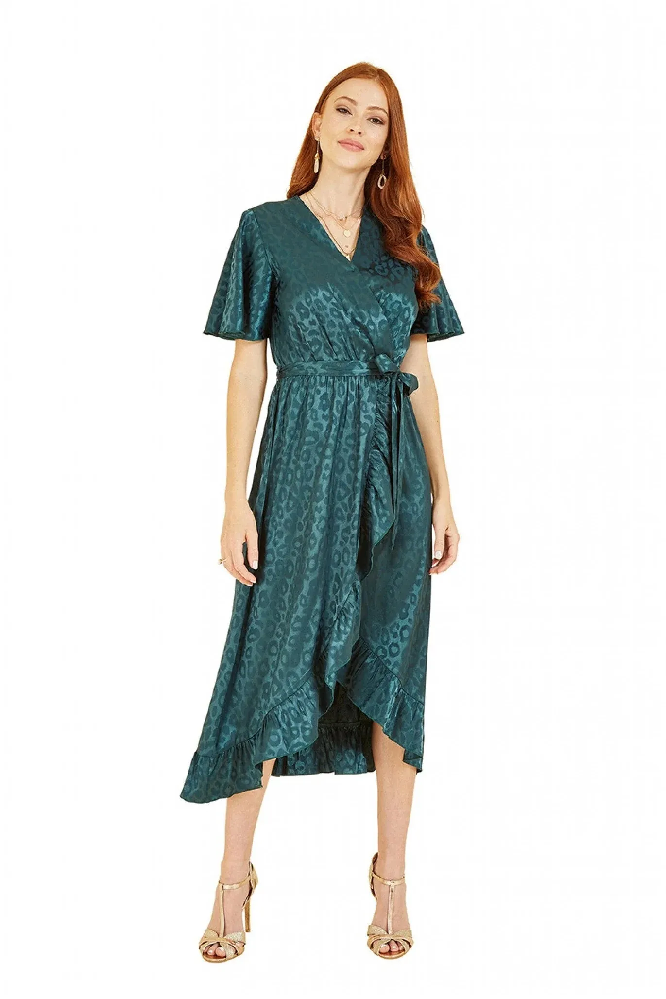 Mela London Green Jacquard Leopard Print Wrap Midi Dress