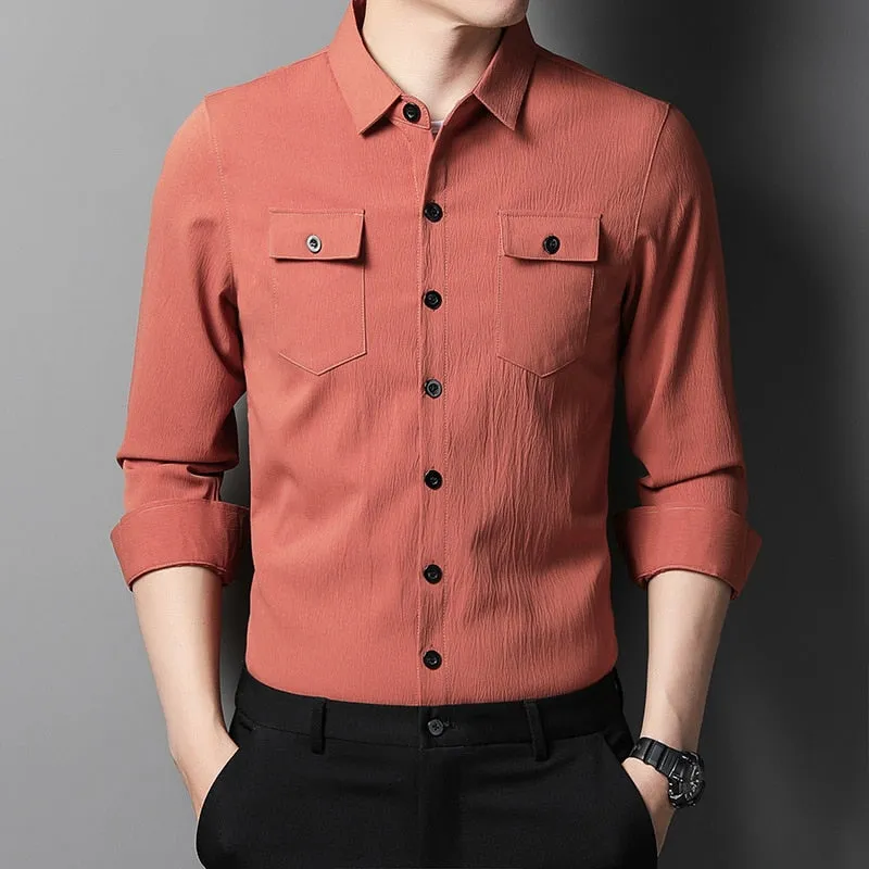 Men's Luxury Two Pocket Square Collar Casual Style Long Sleeve Shirt