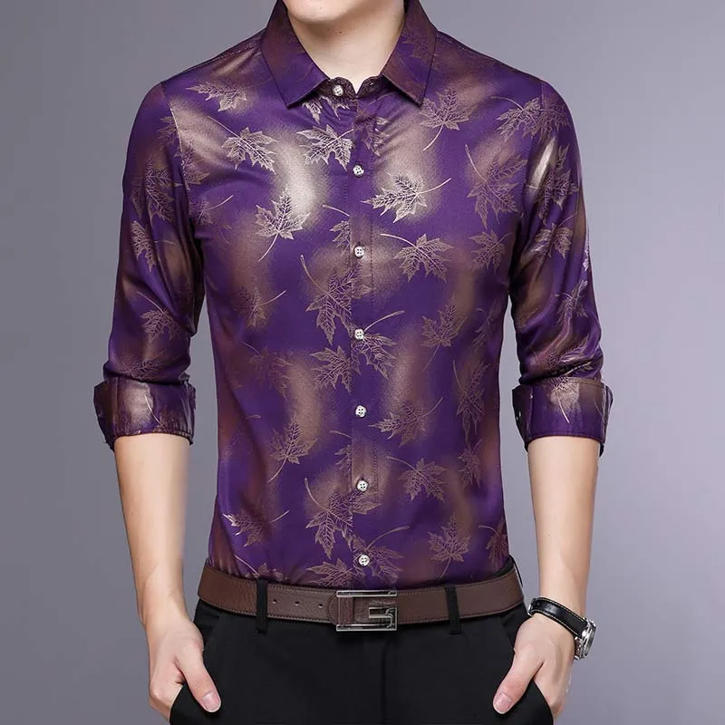 Men's Vintage Fashion Square Collar Maple Leaf Printed Long Sleeve Shirt