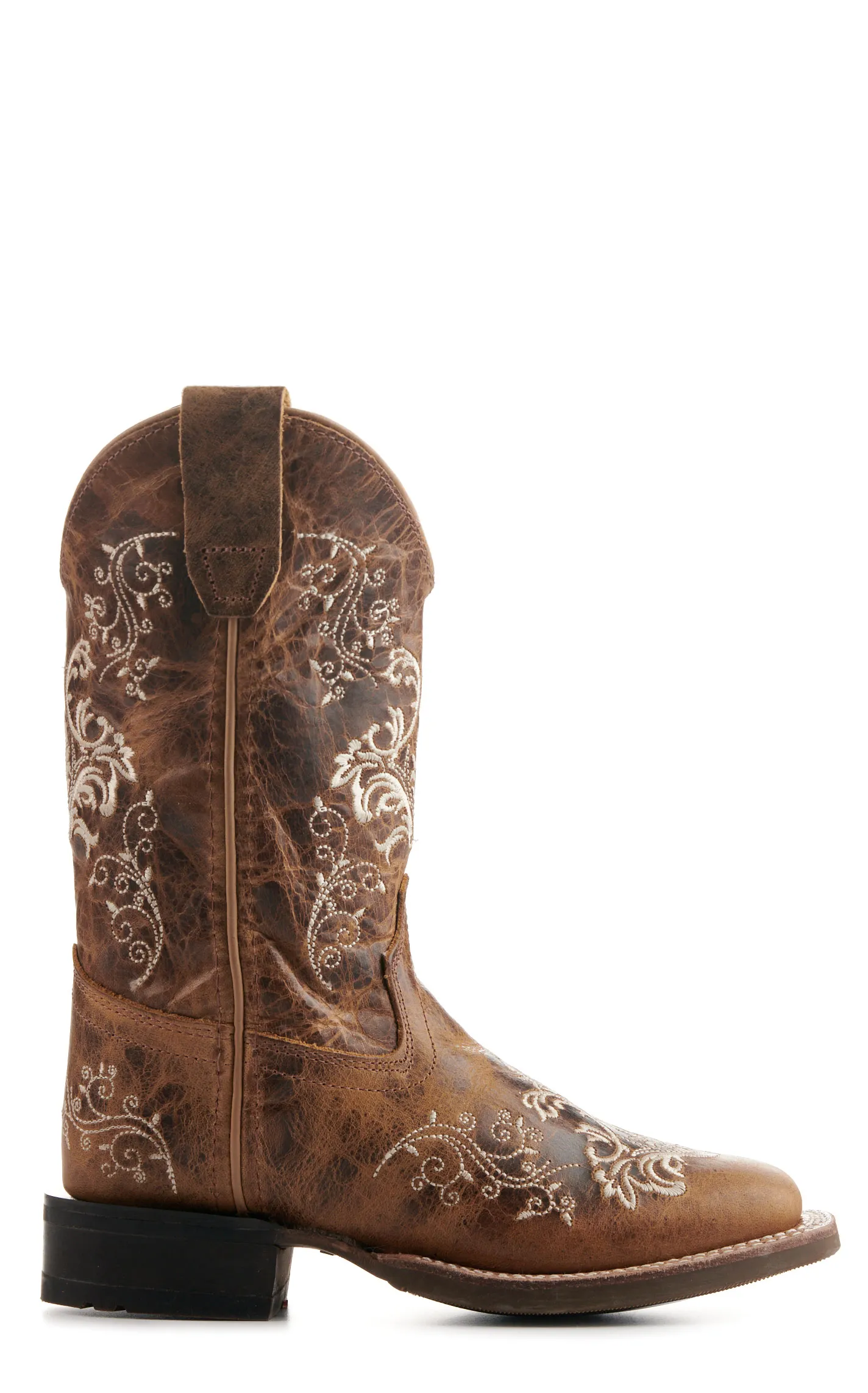 Old West Kids' Burnt Tan with Cream Embroidery Wide Square Toe Cowboy Boots