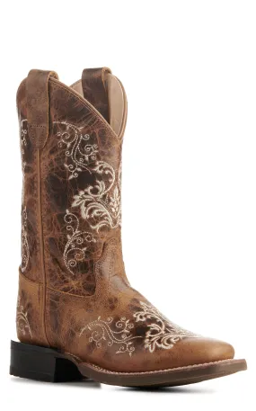 Old West Kids' Burnt Tan with Cream Embroidery Wide Square Toe Cowboy Boots