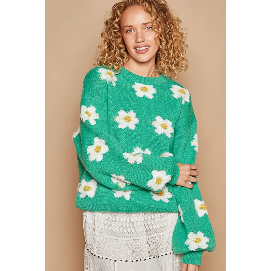 POL Daisy Pattern Drop Shoulder Sweater