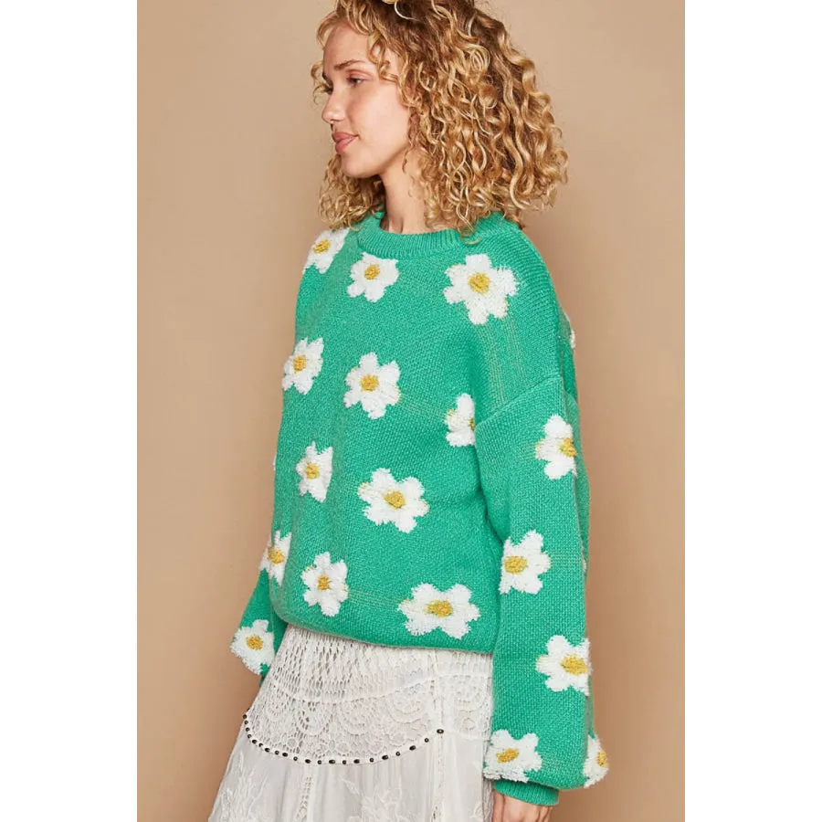 POL Daisy Pattern Drop Shoulder Sweater