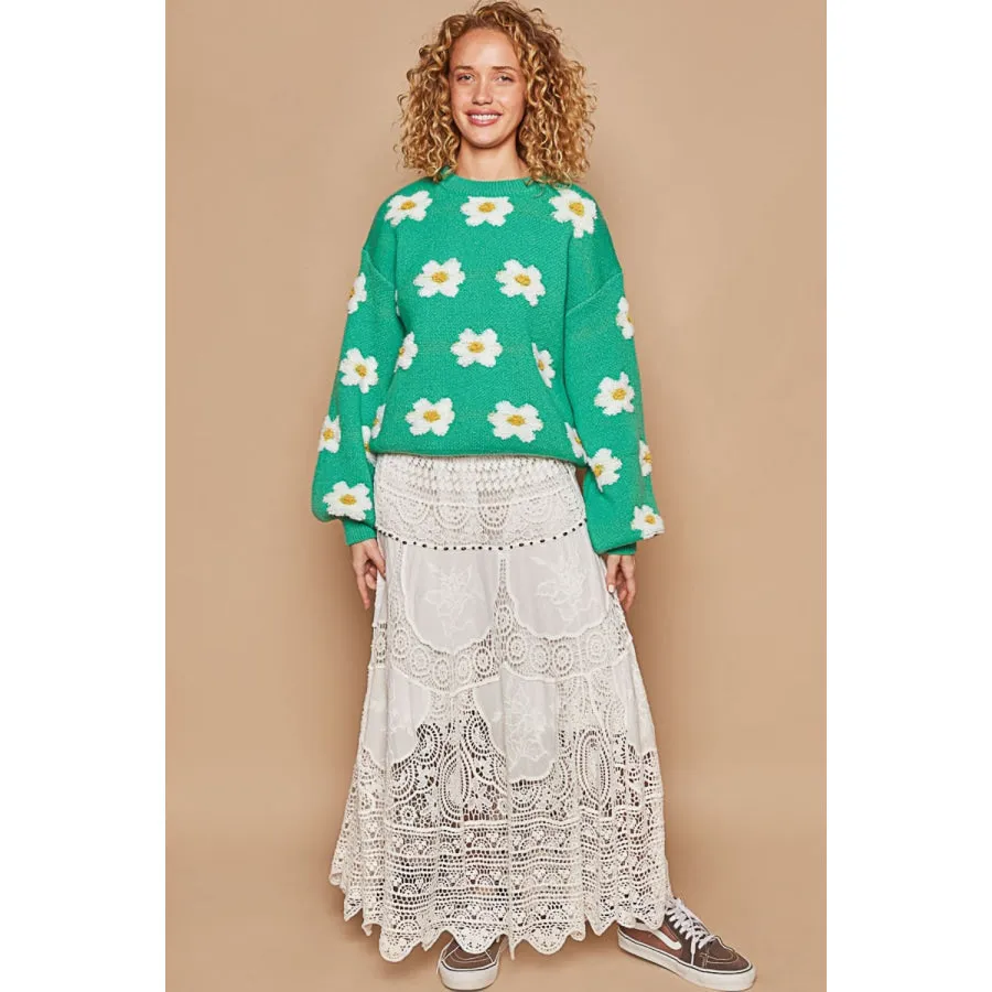 POL Daisy Pattern Drop Shoulder Sweater