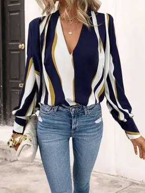 Printed V-Neck Long Sleeve Blouse