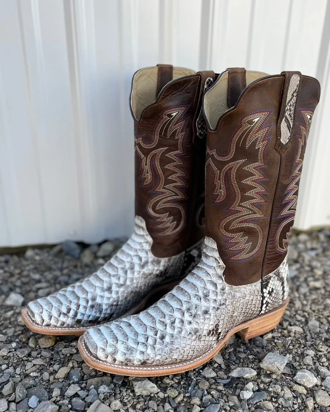 R. Watson Men's Natural Python Brown & Cream Cutter Toe Cowboy Boots RW7910-1