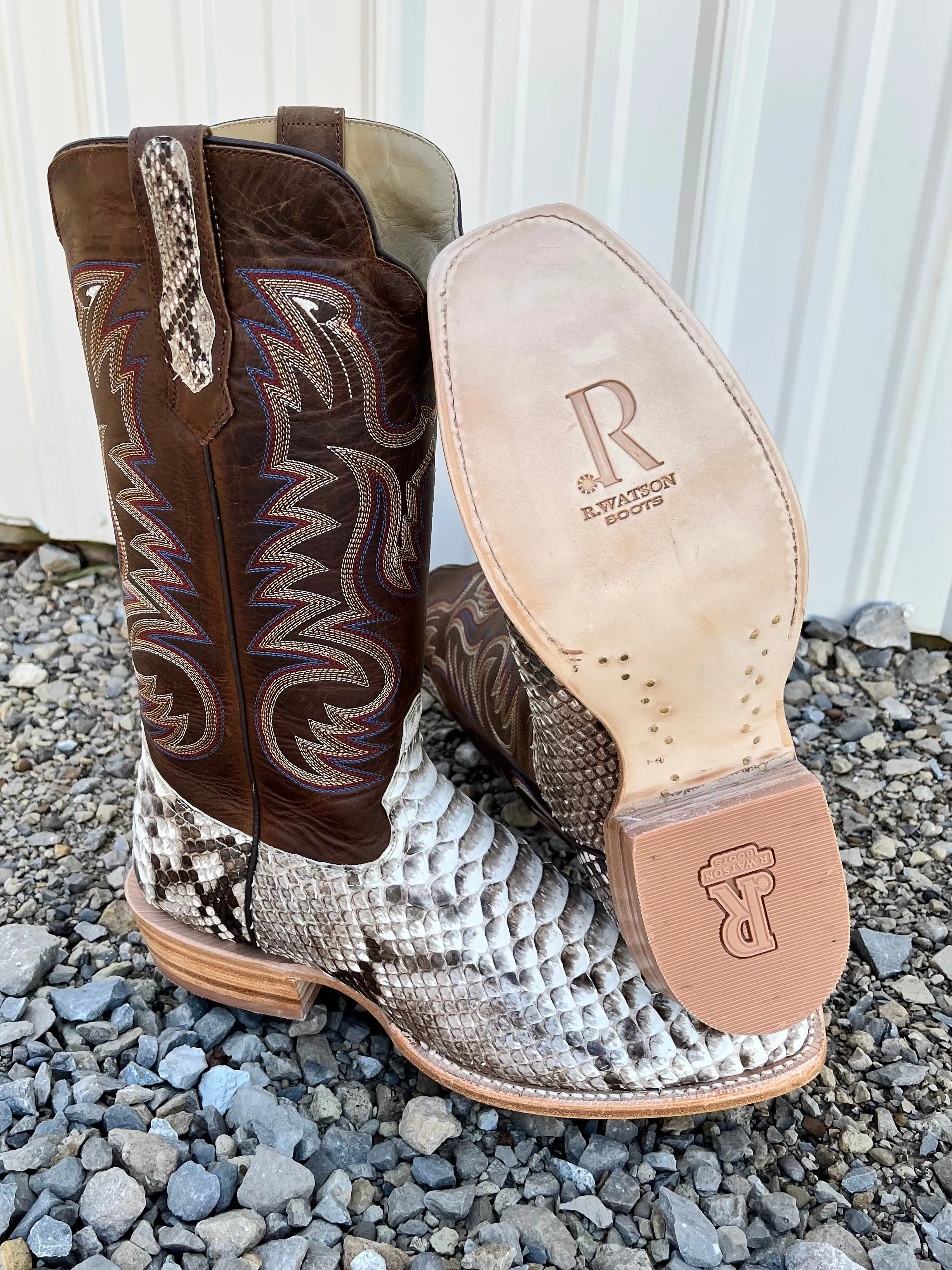 R. Watson Men's Natural Python Brown & Cream Cutter Toe Cowboy Boots RW7910-1