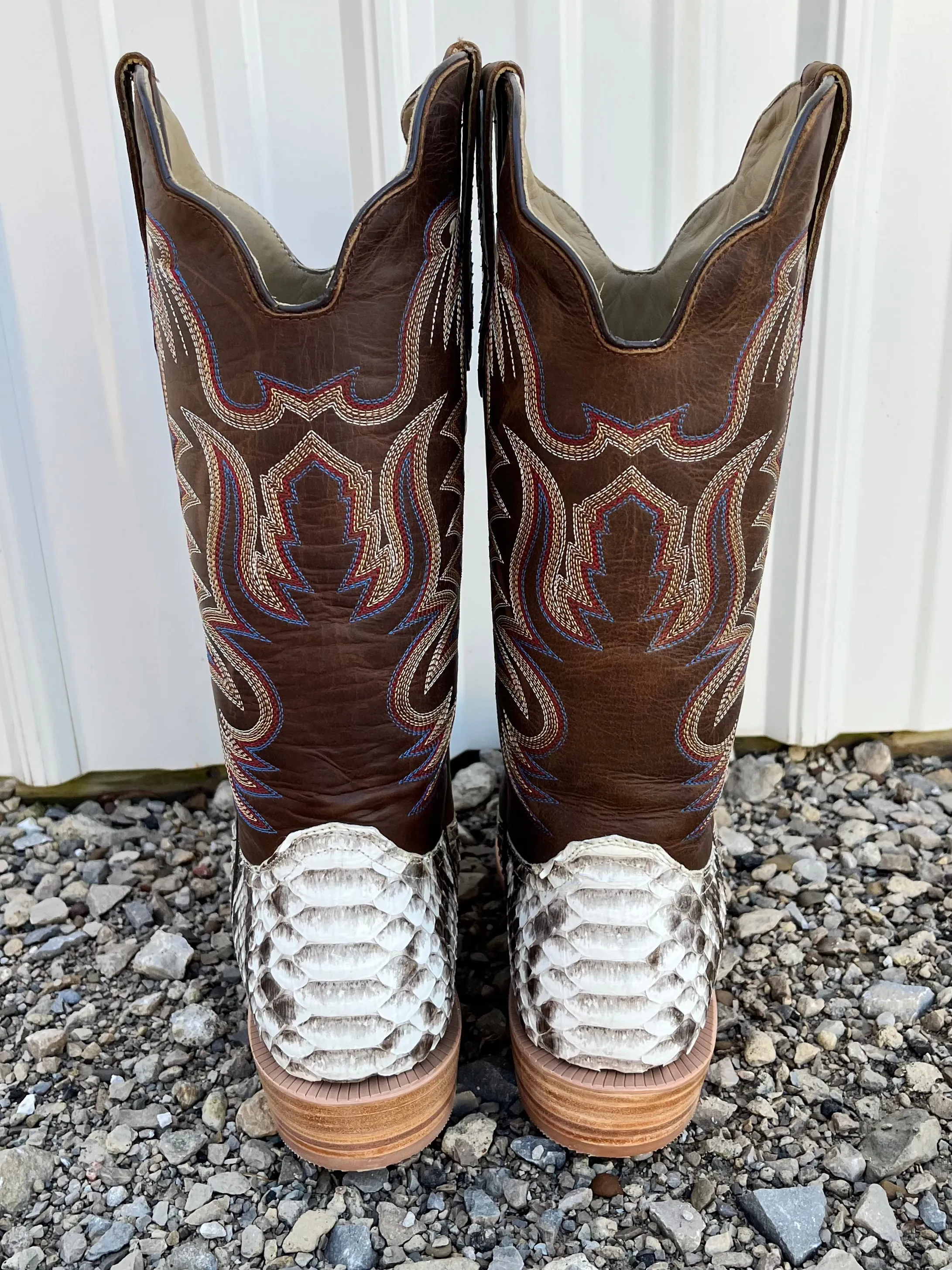 R. Watson Men's Natural Python Brown & Cream Cutter Toe Cowboy Boots RW7910-1