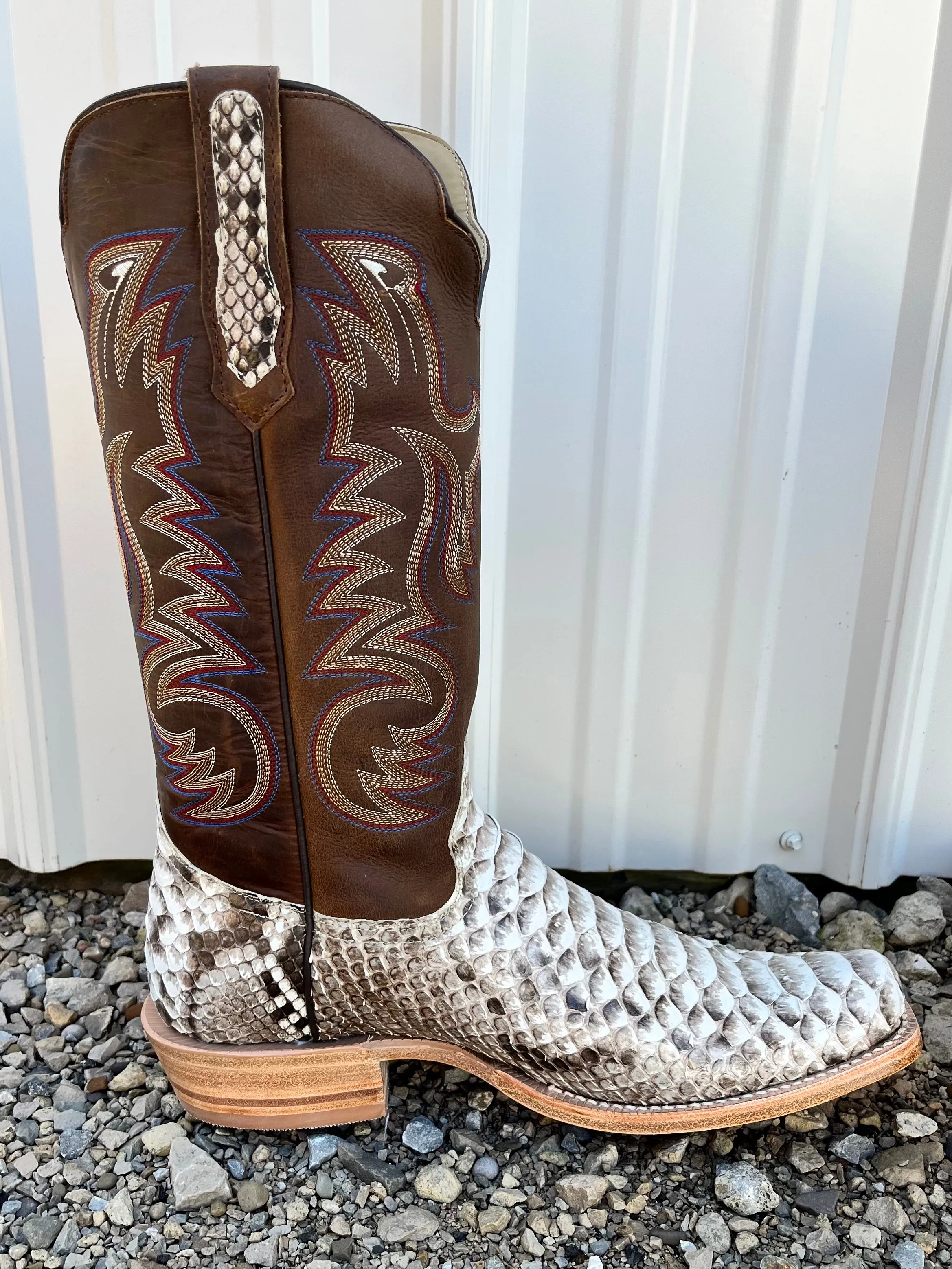 R. Watson Men's Natural Python Brown & Cream Cutter Toe Cowboy Boots RW7910-1