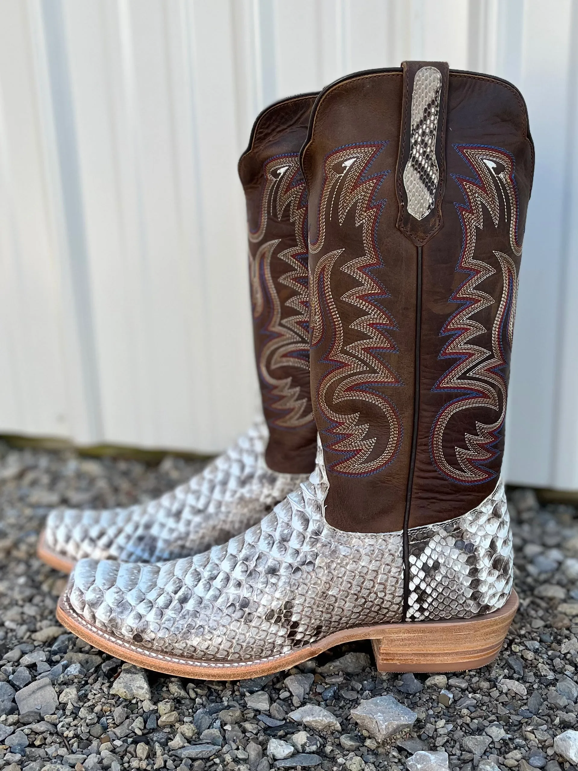 R. Watson Men's Natural Python Brown & Cream Cutter Toe Cowboy Boots RW7910-1