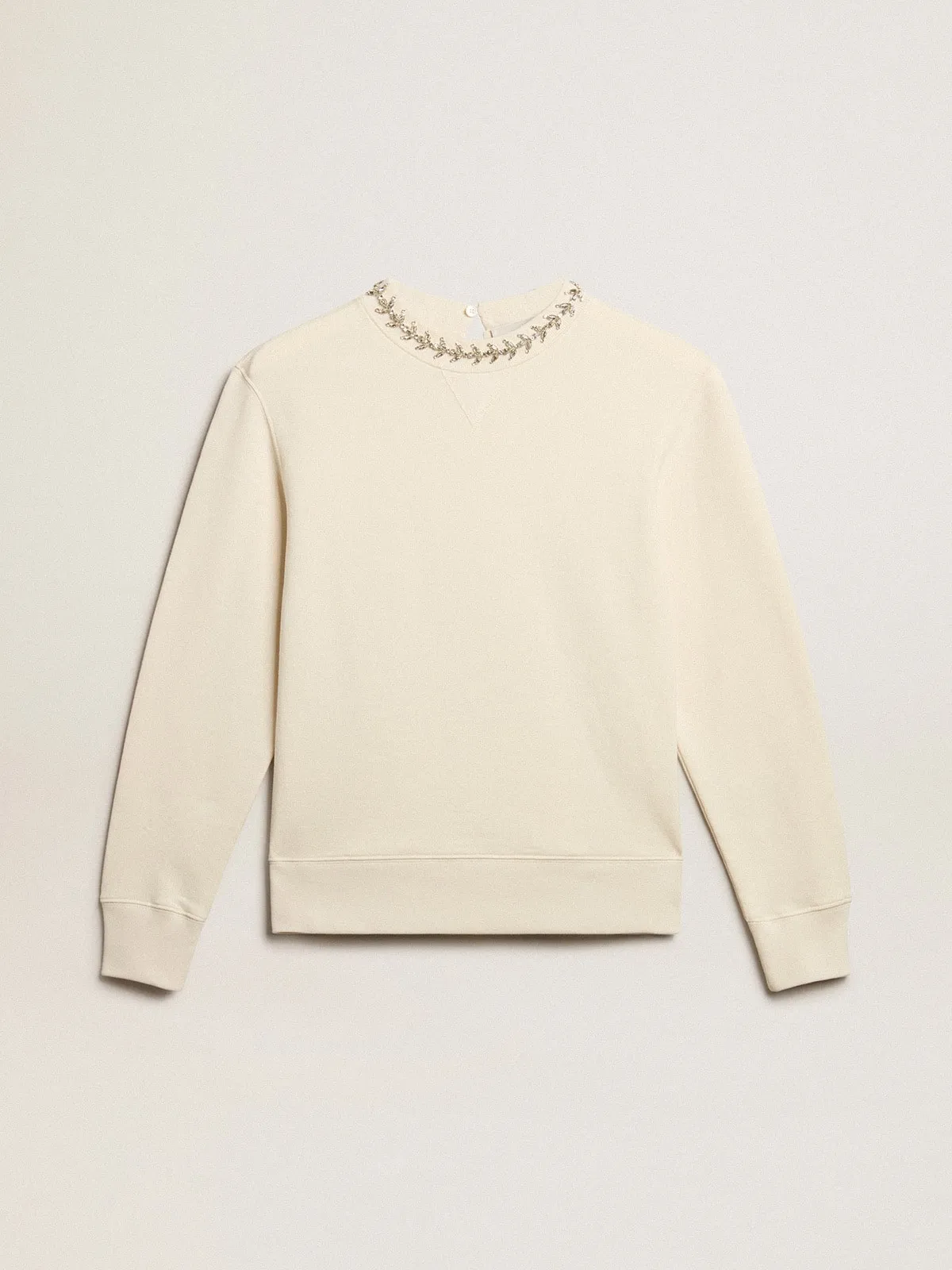 Round-neck cotton sweatshirt in aged white with hand-applied crystals