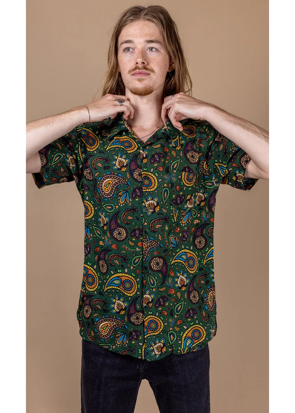 Run & Fly Men's Paisley Rayon Shirt Green