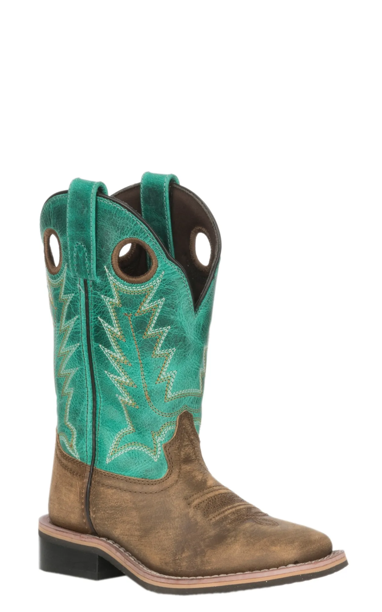 Smoky Mountain Kids Distressed Brown and Emerald Green Wide Square Toe Cowboy Boots