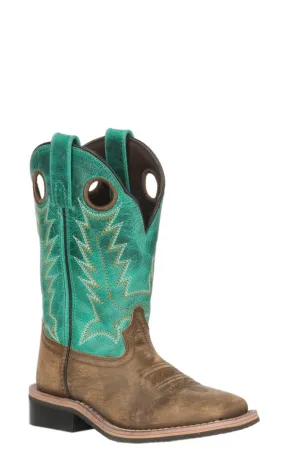 Smoky Mountain Kids Distressed Brown and Emerald Green Wide Square Toe Cowboy Boots