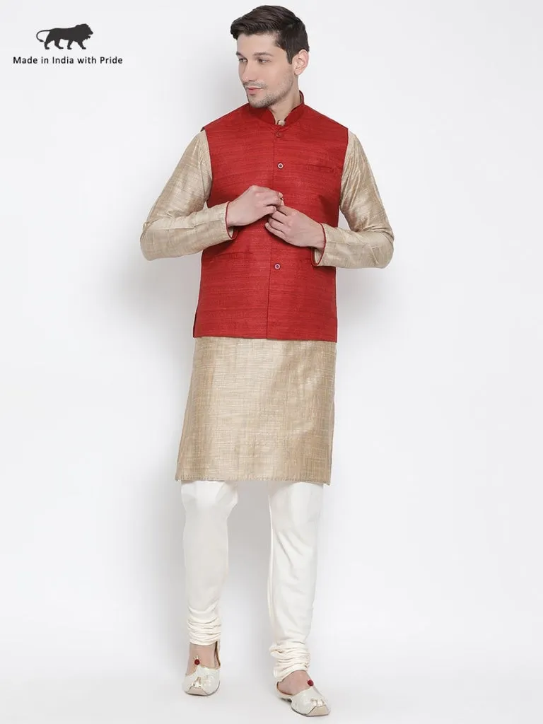 VASTRAMAY Men's Beige Cotton Silk Blend Kurta, Ethnic Jacket and Pyjama Set