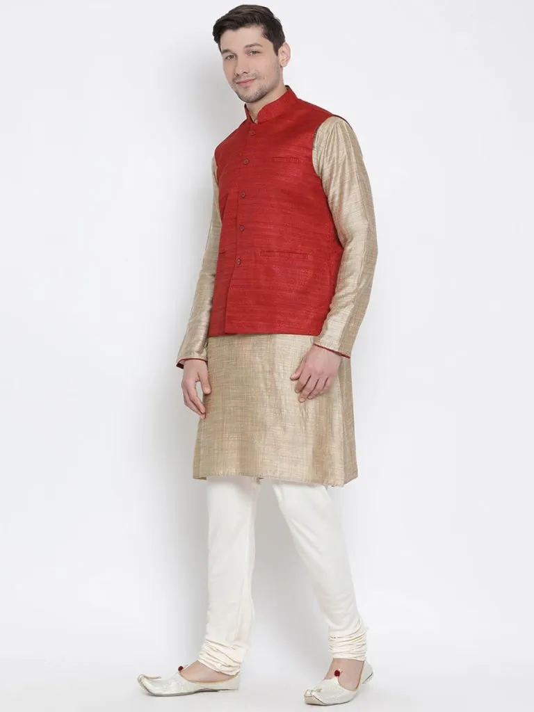 VASTRAMAY Men's Beige Cotton Silk Blend Kurta, Ethnic Jacket and Pyjama Set