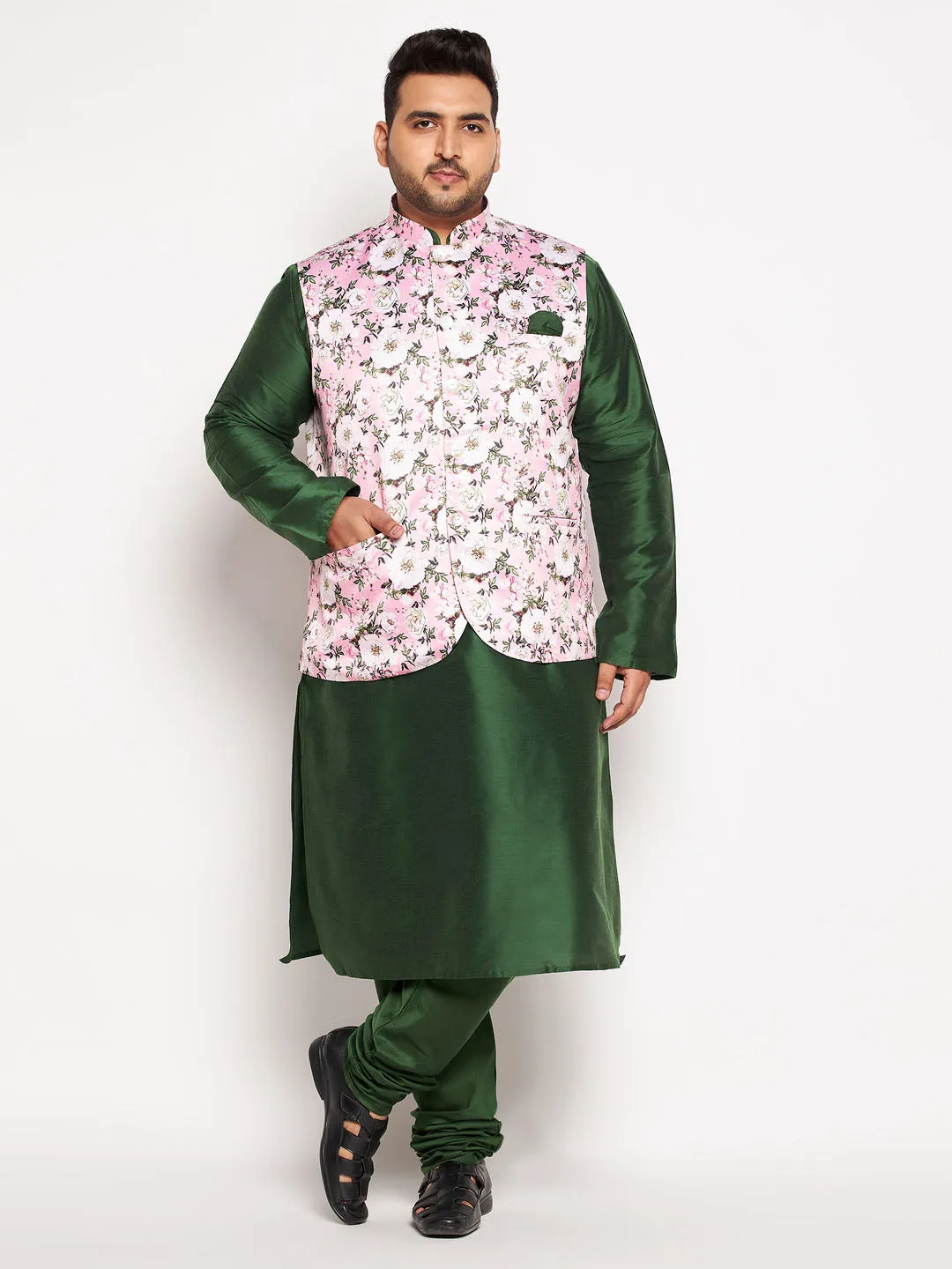 VASTRAMAY Men's Plus Size Pink Floral printed Jacket With Viscose Green Solid Kurta Pyjama Set