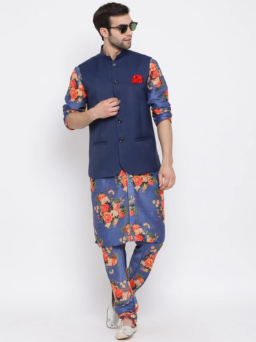 VASTRAMAY Navy Blue Twill Jacket, Printed Kurta and Pyjama Set