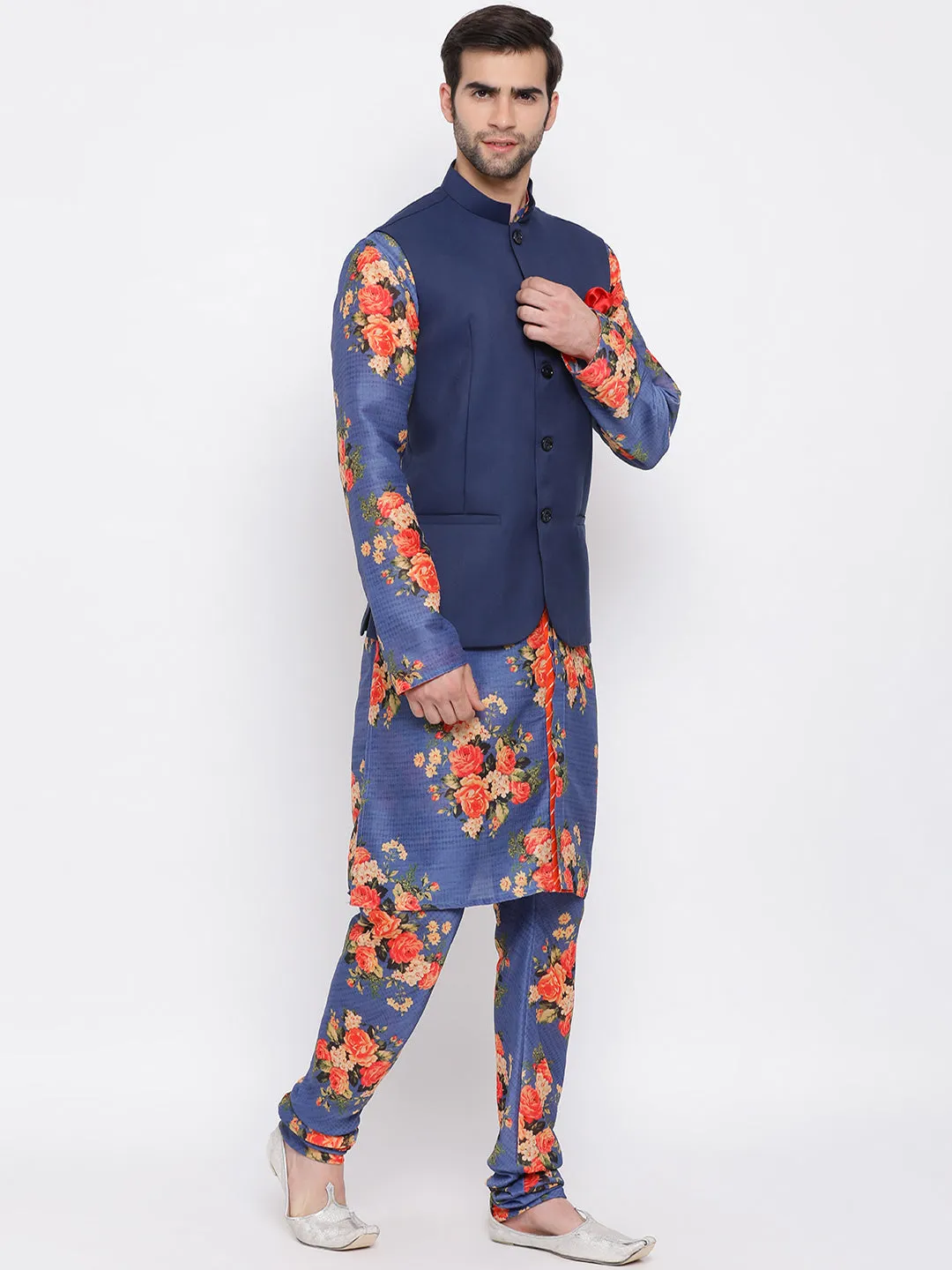 VASTRAMAY Navy Blue Twill Jacket, Printed Kurta and Pyjama Set