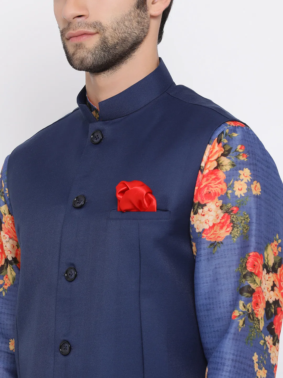 VASTRAMAY Navy Blue Twill Jacket, Printed Kurta and Pyjama Set